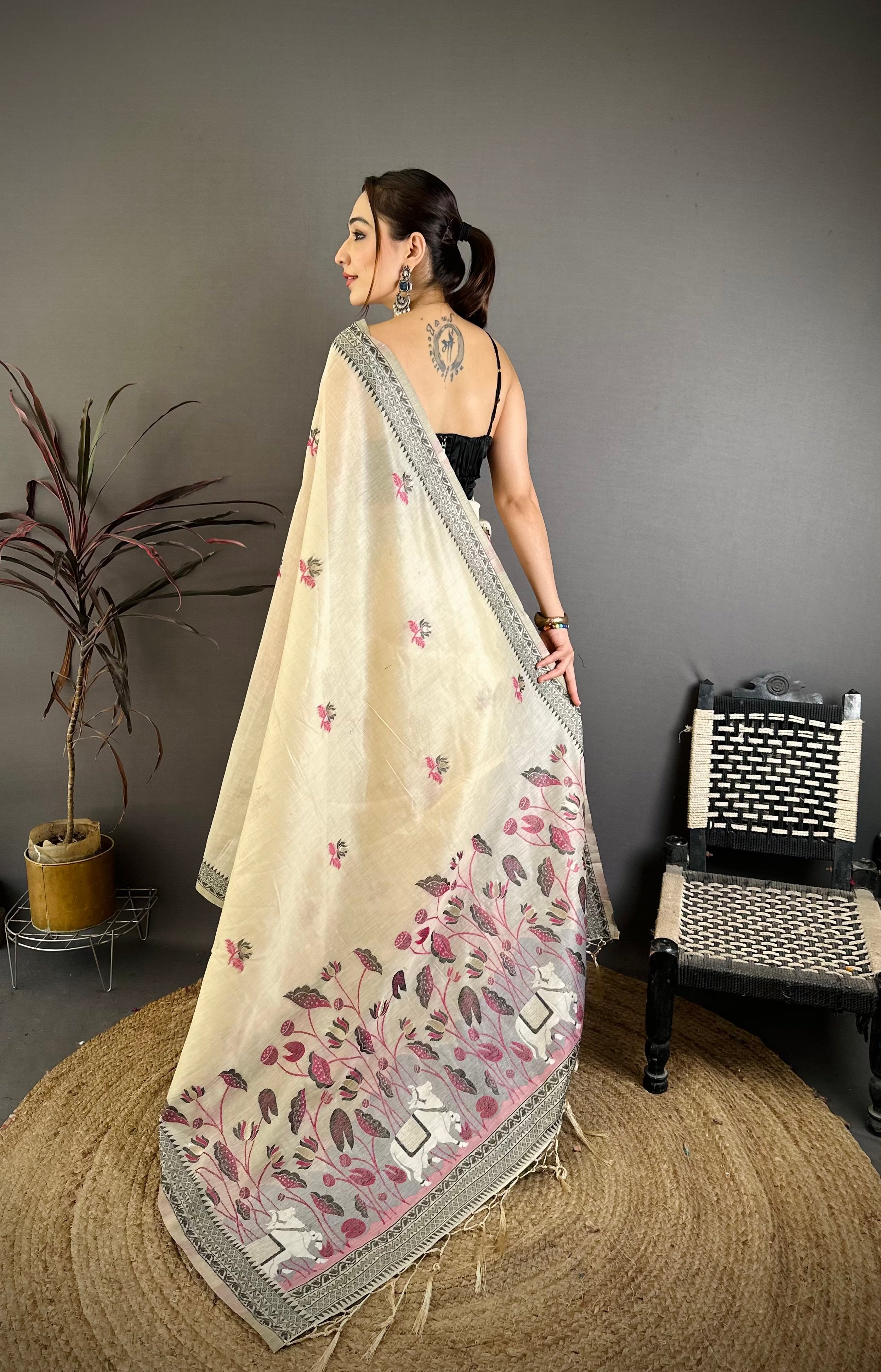 Off White Nature Inspired Muga Cotton Saree