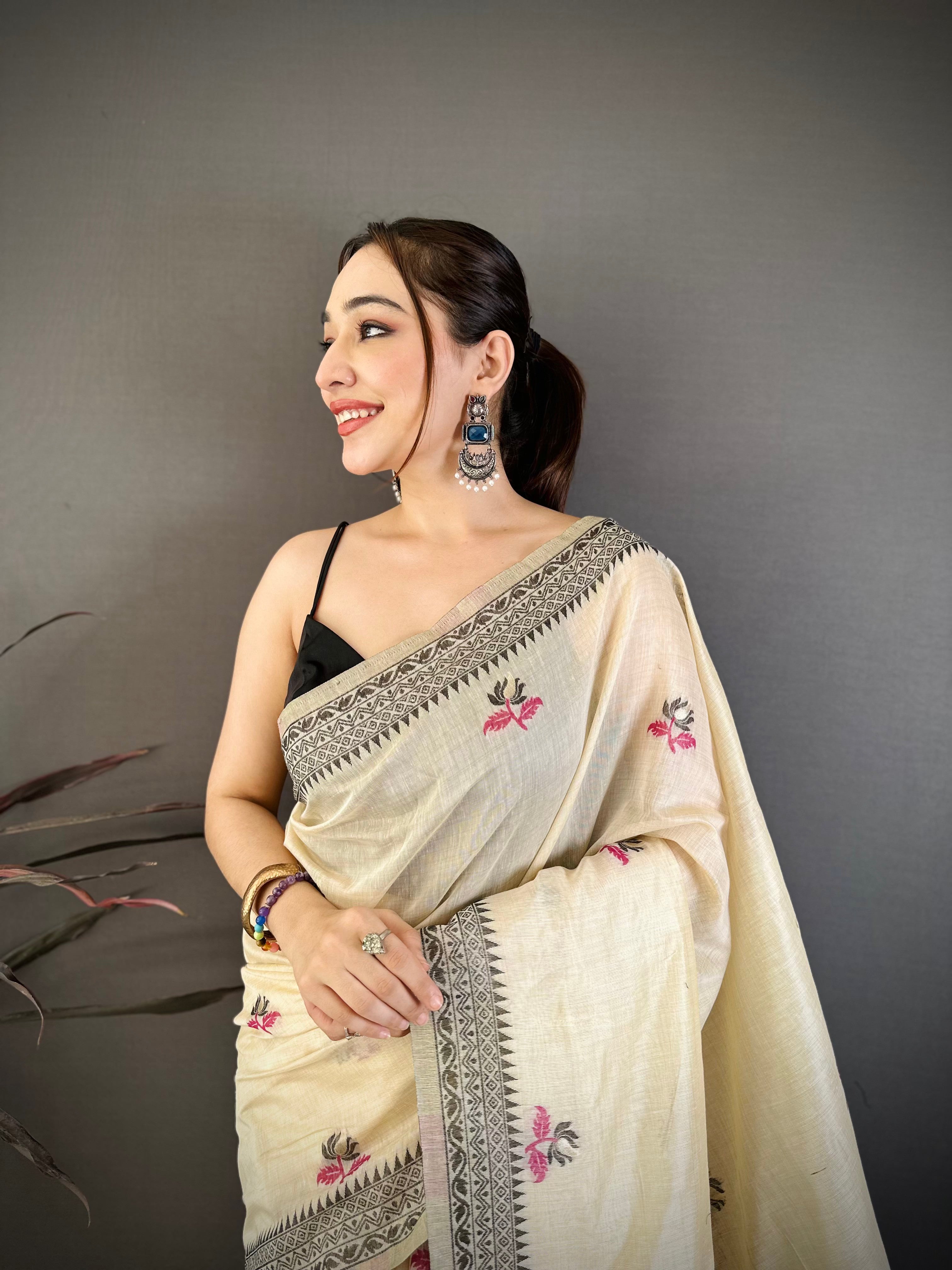 Off White Nature Inspired Muga Cotton Saree
