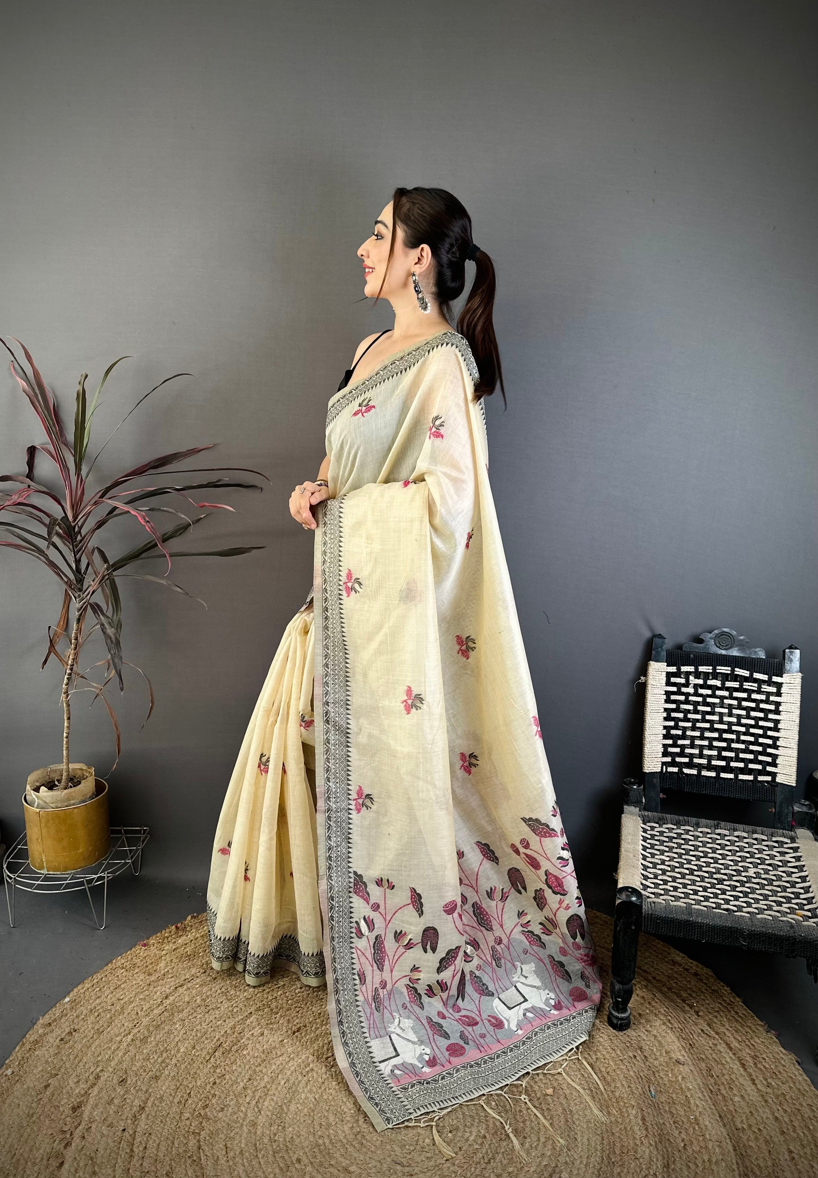 Off White Nature Inspired Muga Cotton Saree