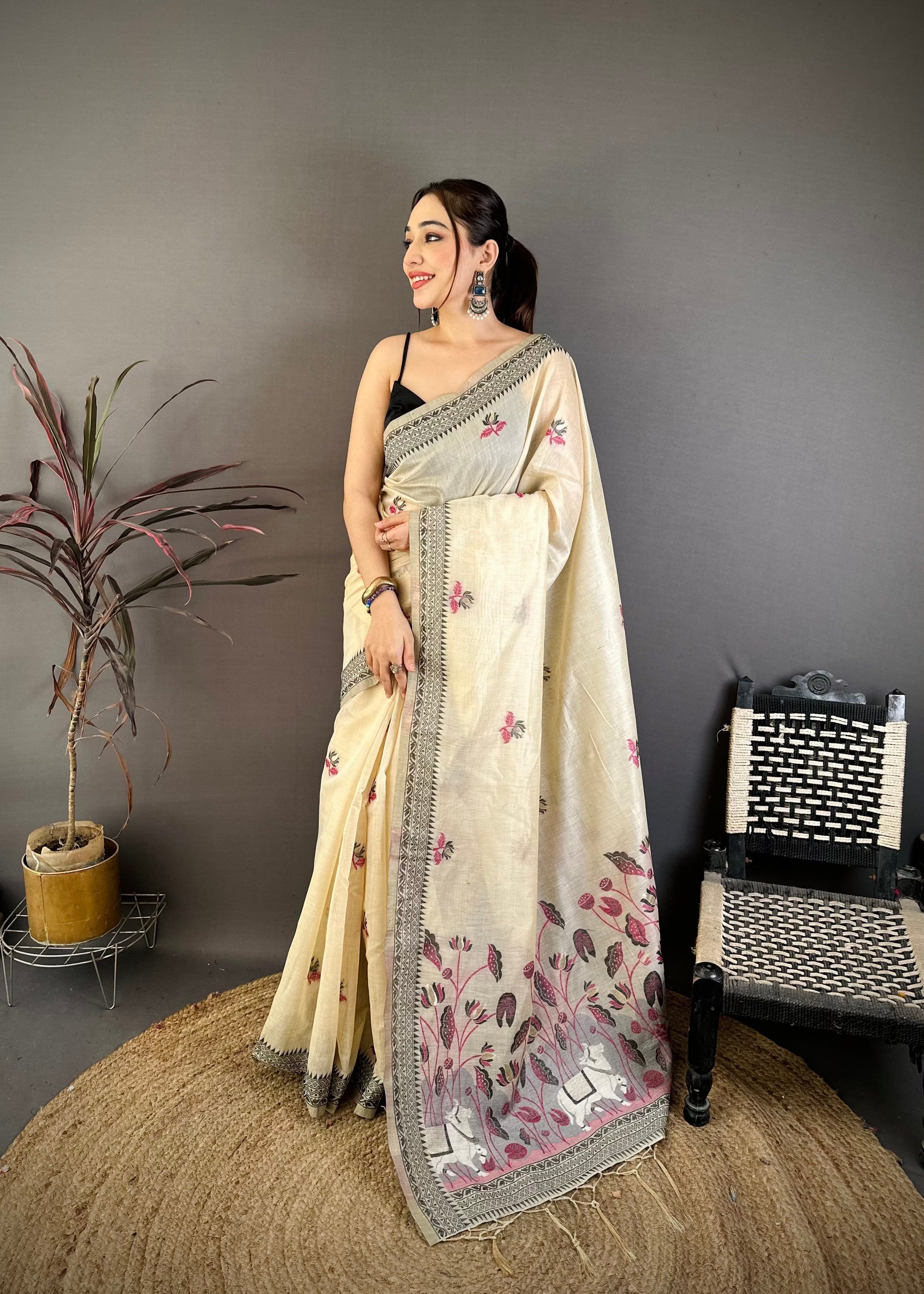 Off White Nature Inspired Muga Cotton Saree