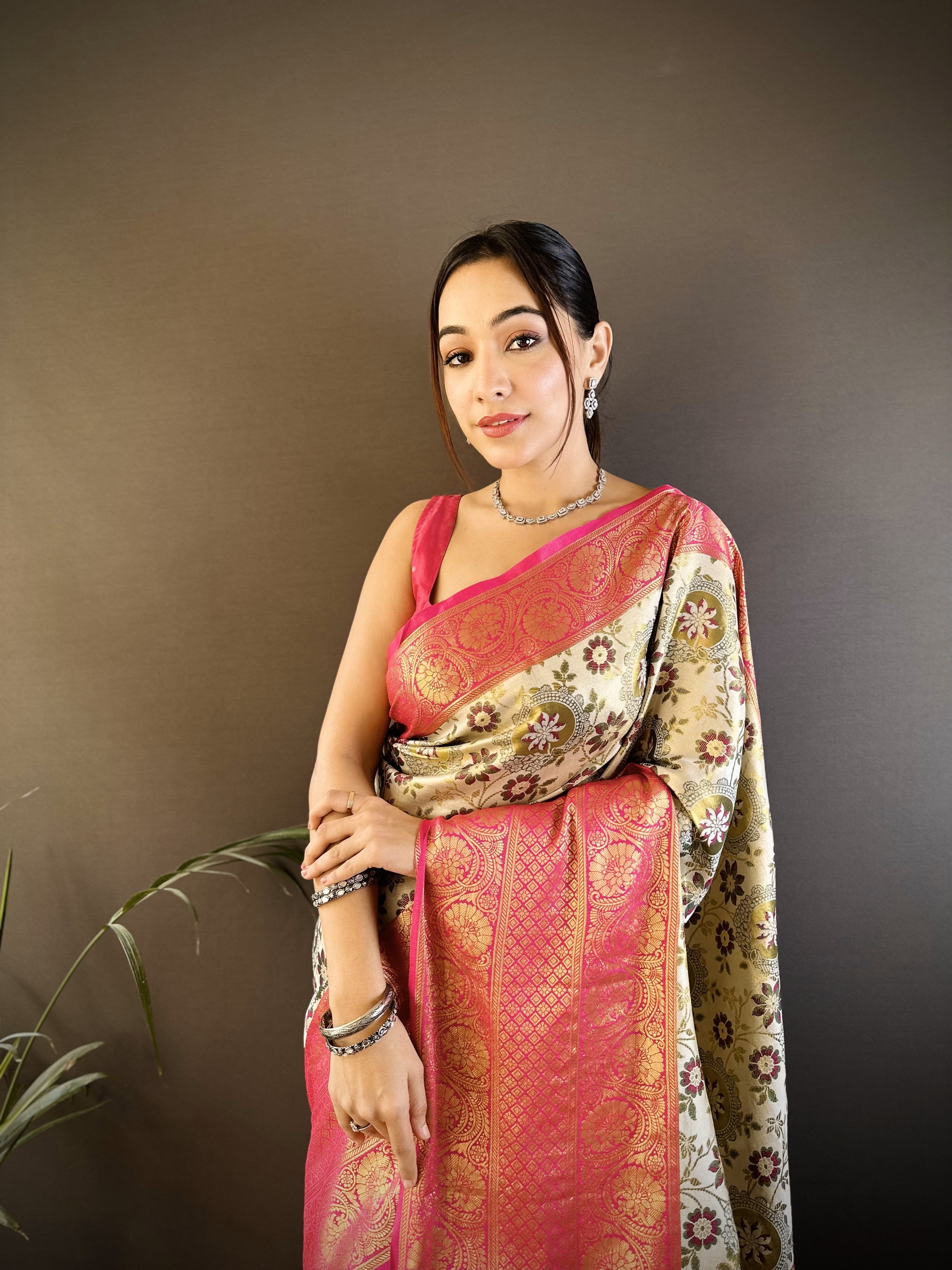 Offwhite & Pink Kanjivaram Tissue Silk Saree