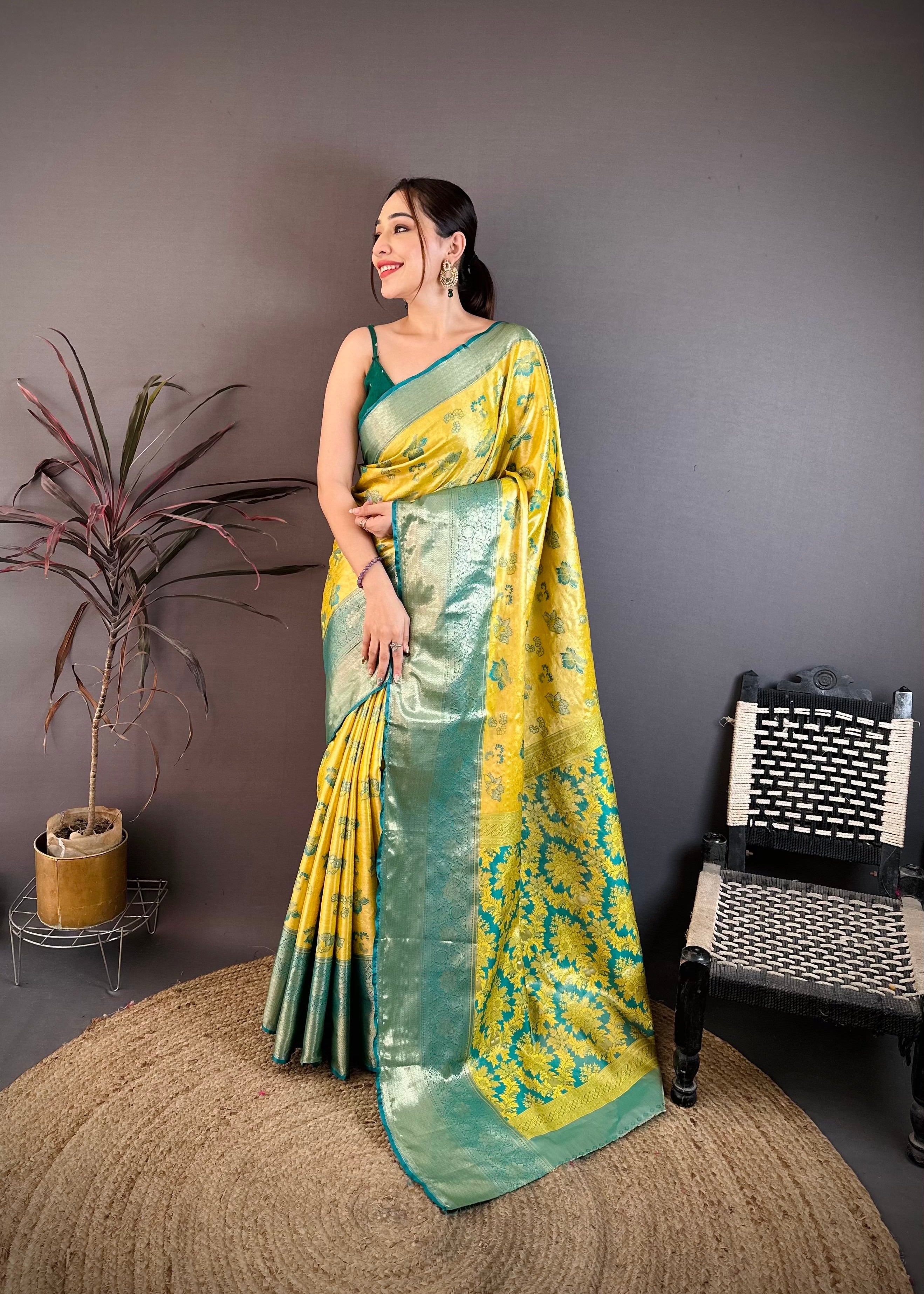 Olive Green Floral Wedding Wear Kanjivaram Saree