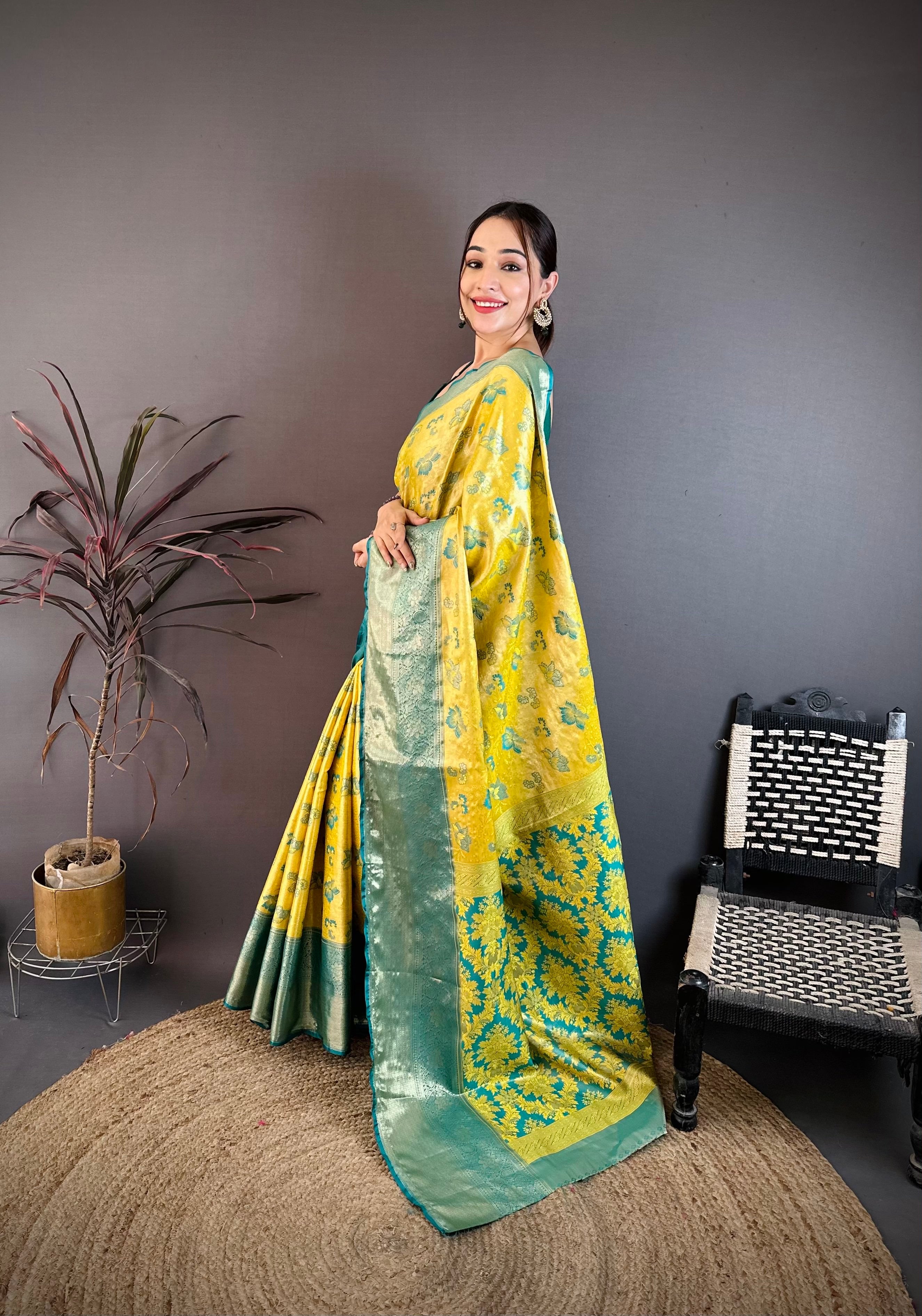 Olive Green Floral Wedding Wear Kanjivaram Saree