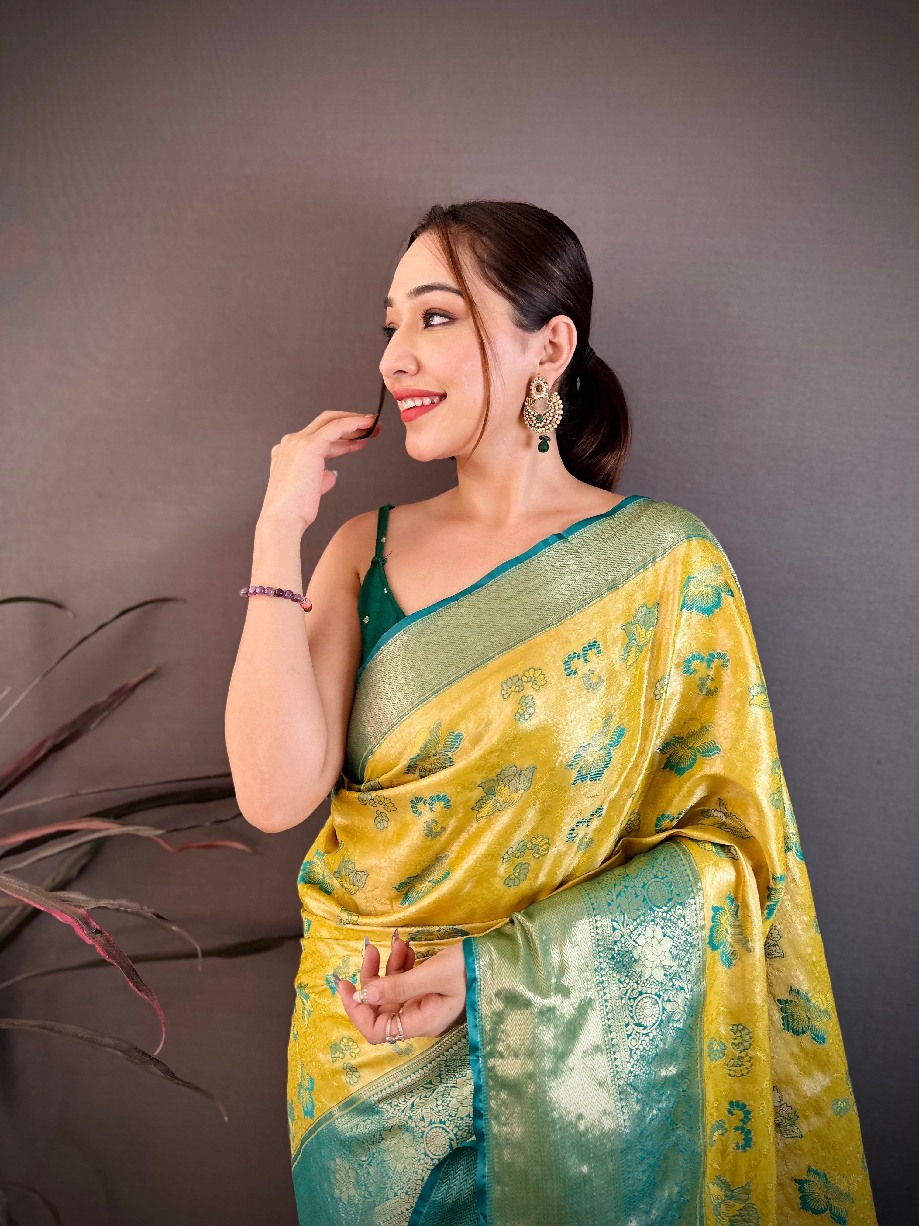 Olive Green Floral Wedding Wear Kanjivaram Saree