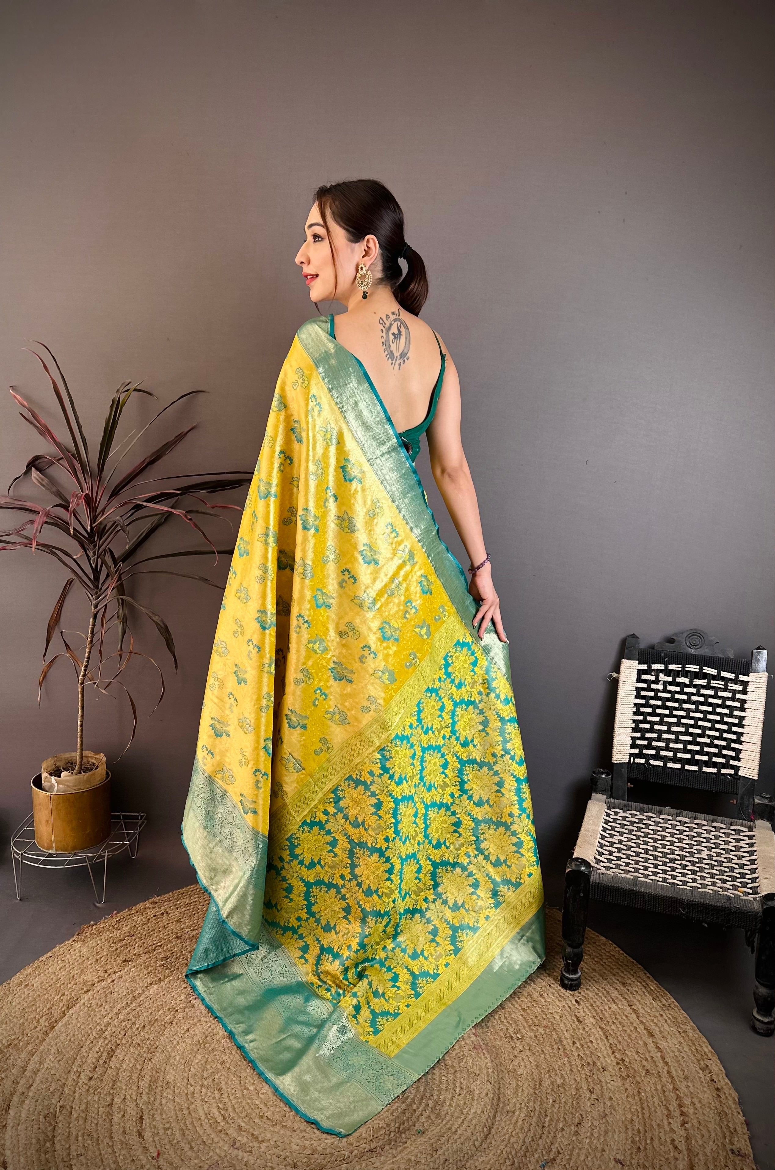 Olive Green Floral Wedding Wear Kanjivaram Saree