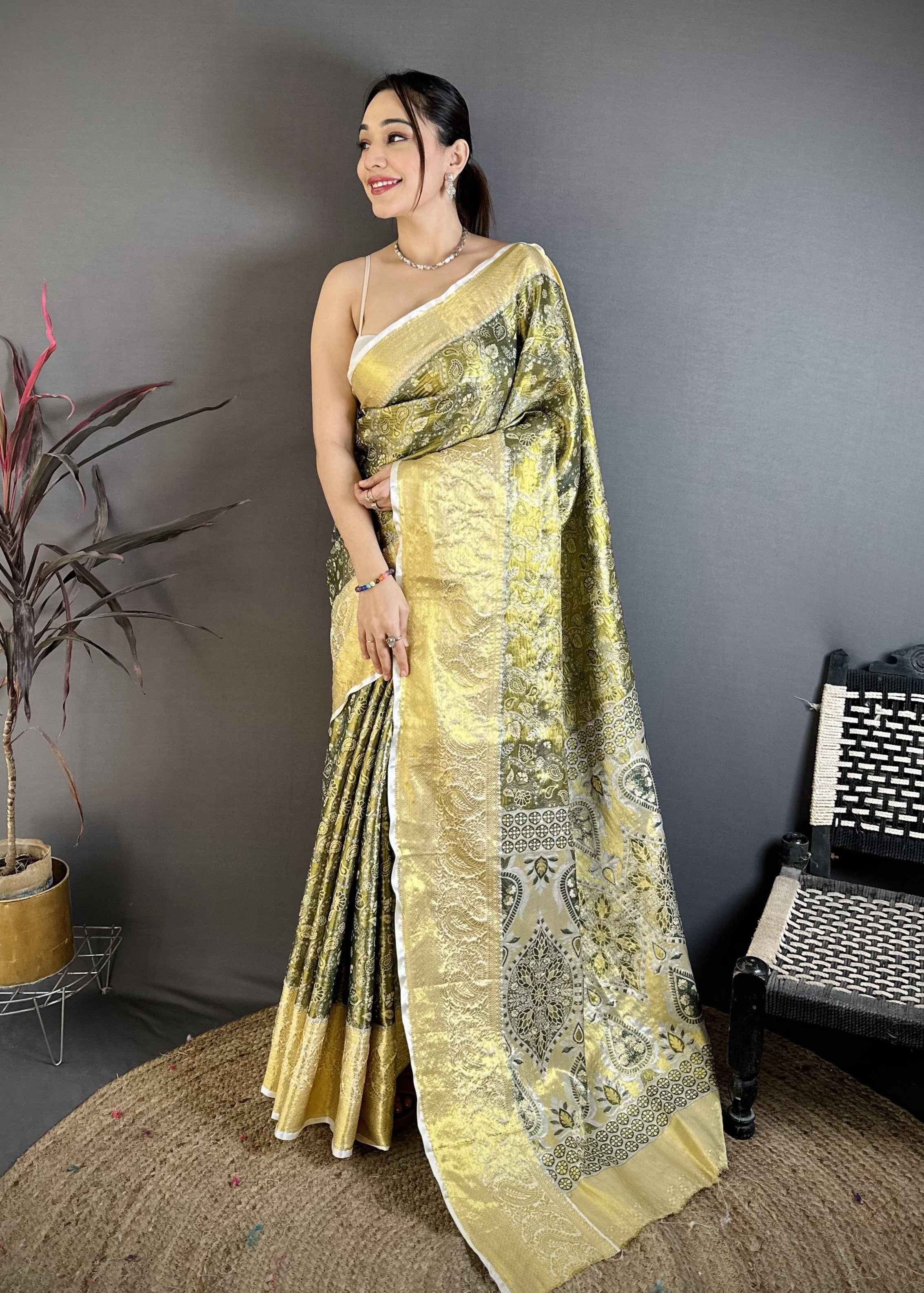 Olive Green & Gold Bridal Kanjivaram Silk Saree