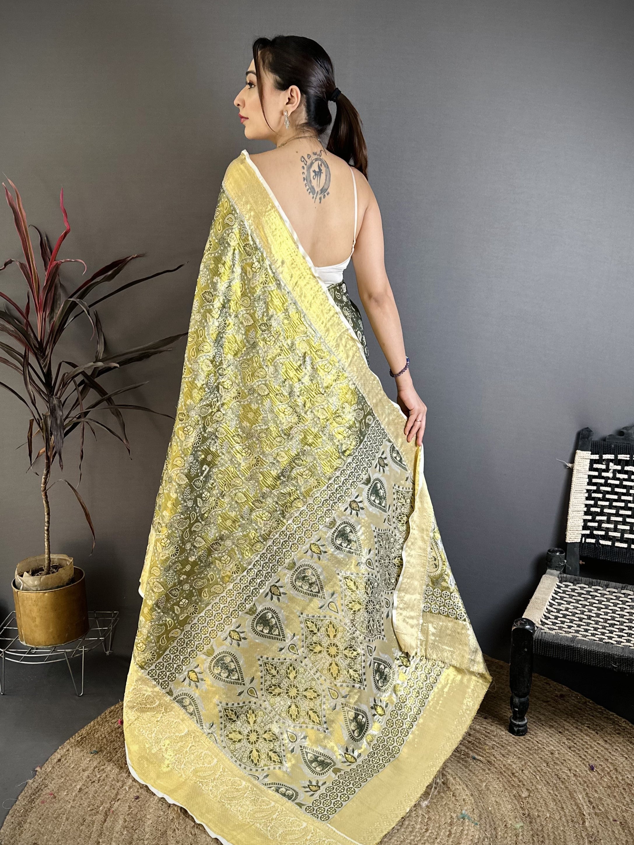 Olive Green & Gold Bridal Kanjivaram Silk Saree