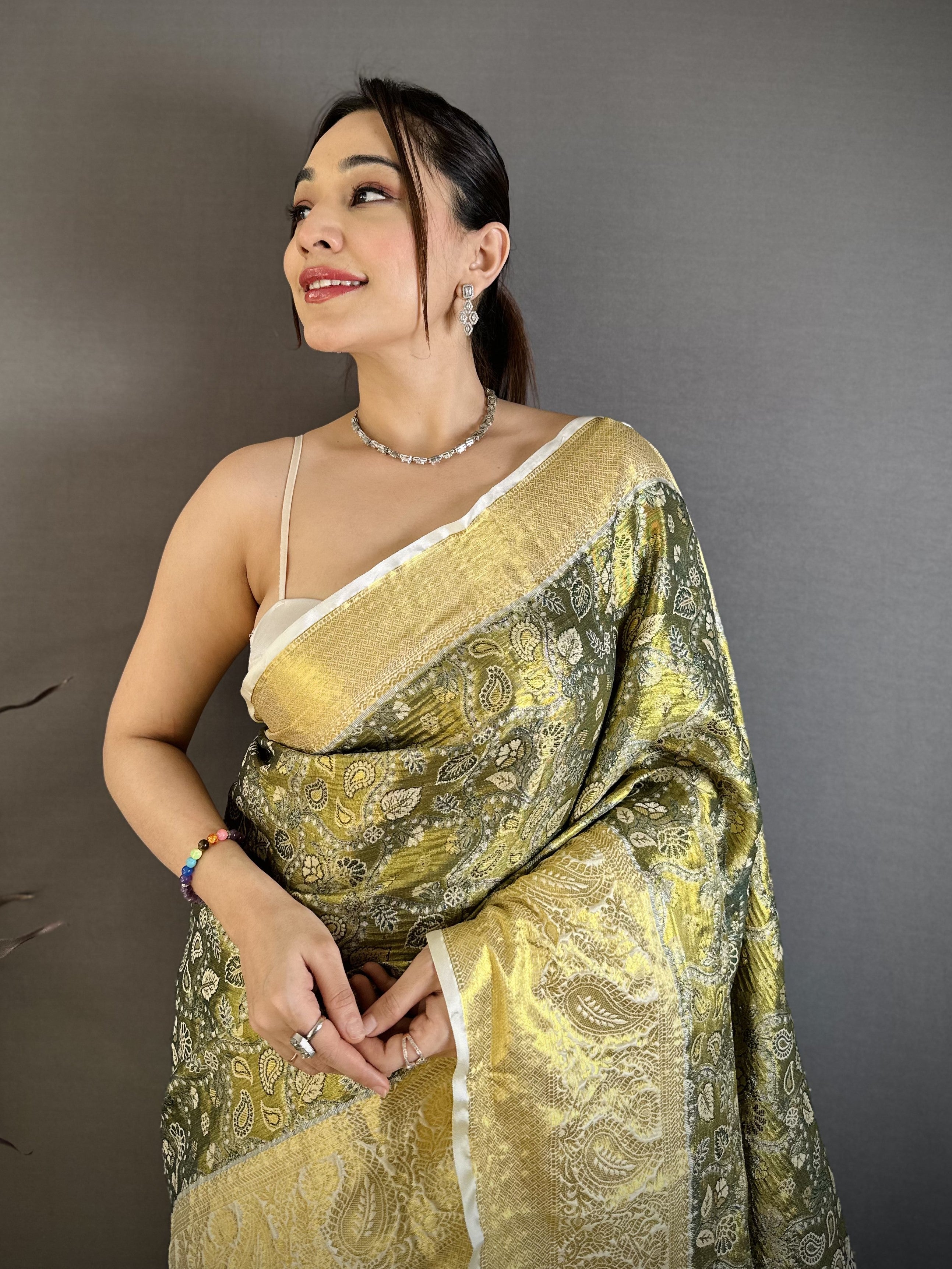 Olive Green & Gold Bridal Kanjivaram Silk Saree