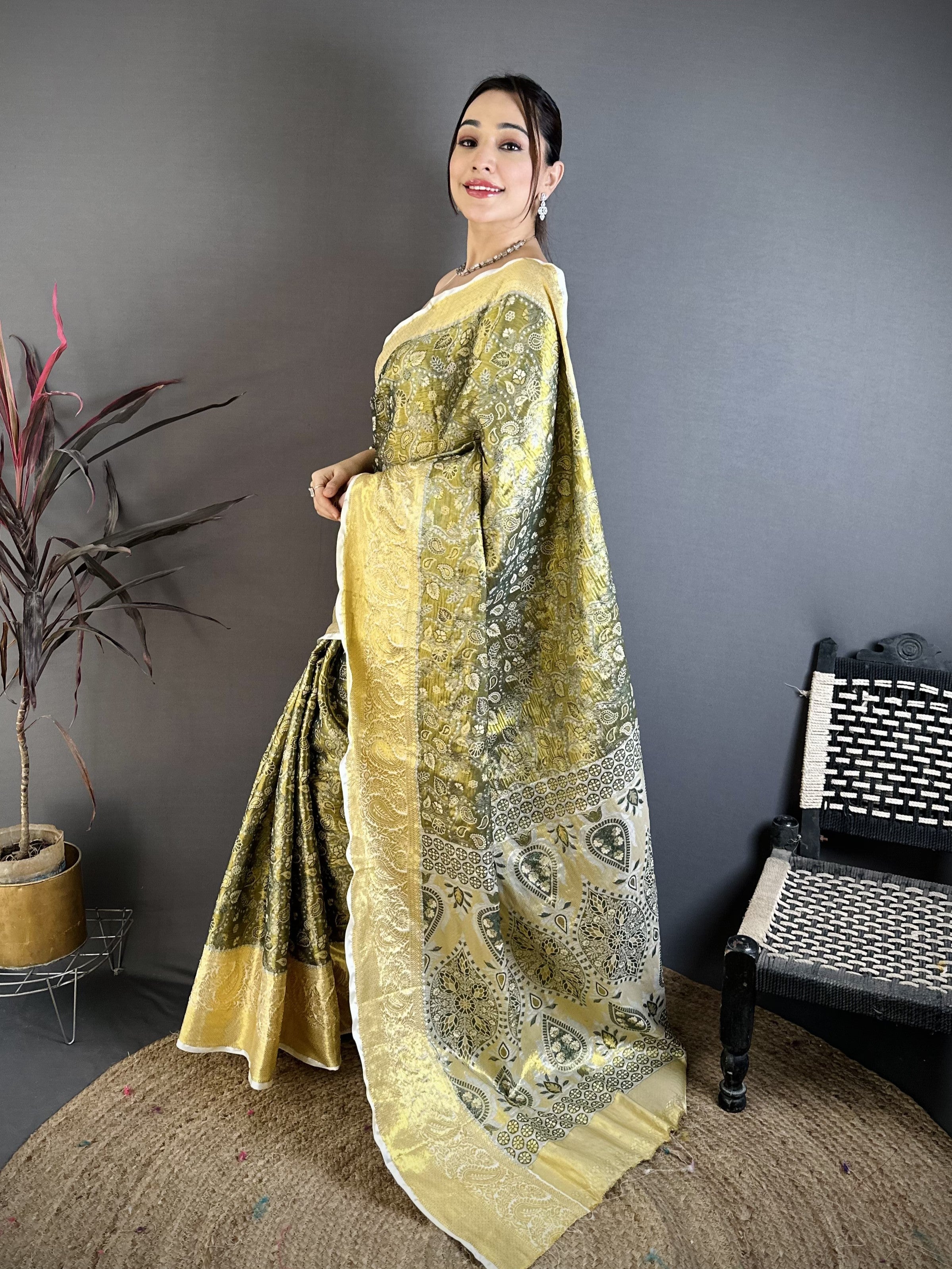 Olive Green & Gold Bridal Kanjivaram Silk Saree