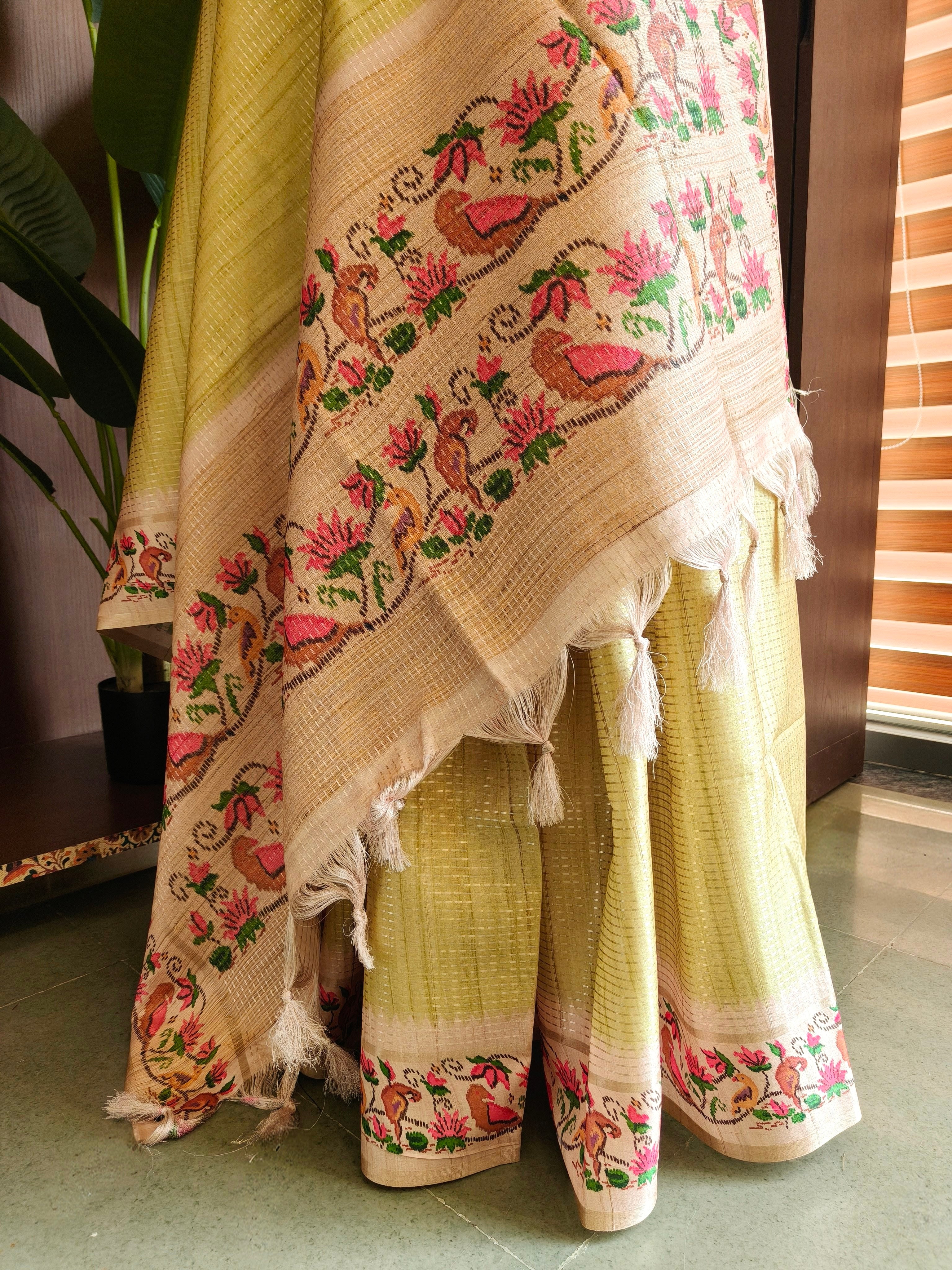 Olive Green Tussar Silk Saree