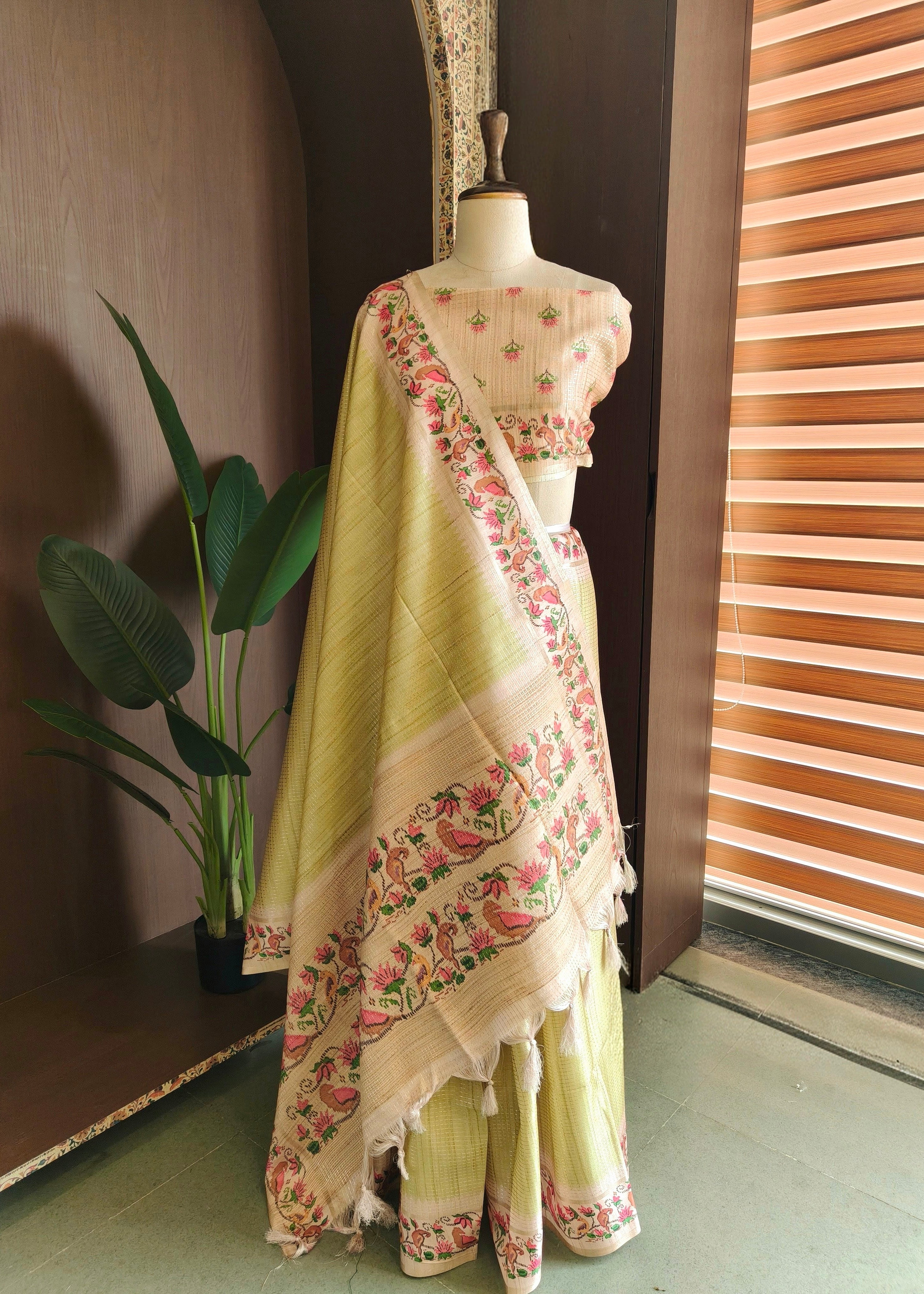 Olive Green Tussar Silk Saree