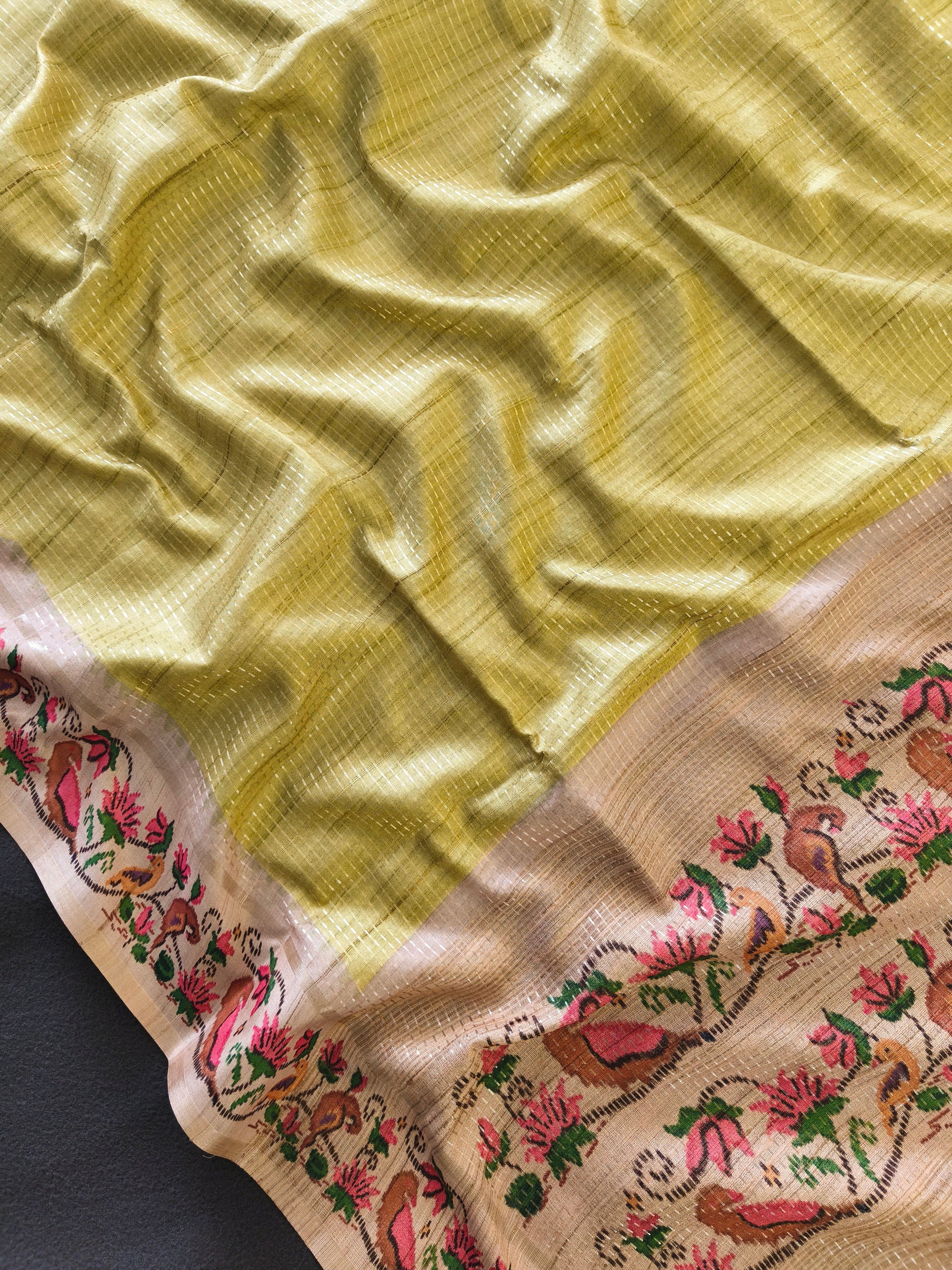 Olive Green Tussar Silk Saree