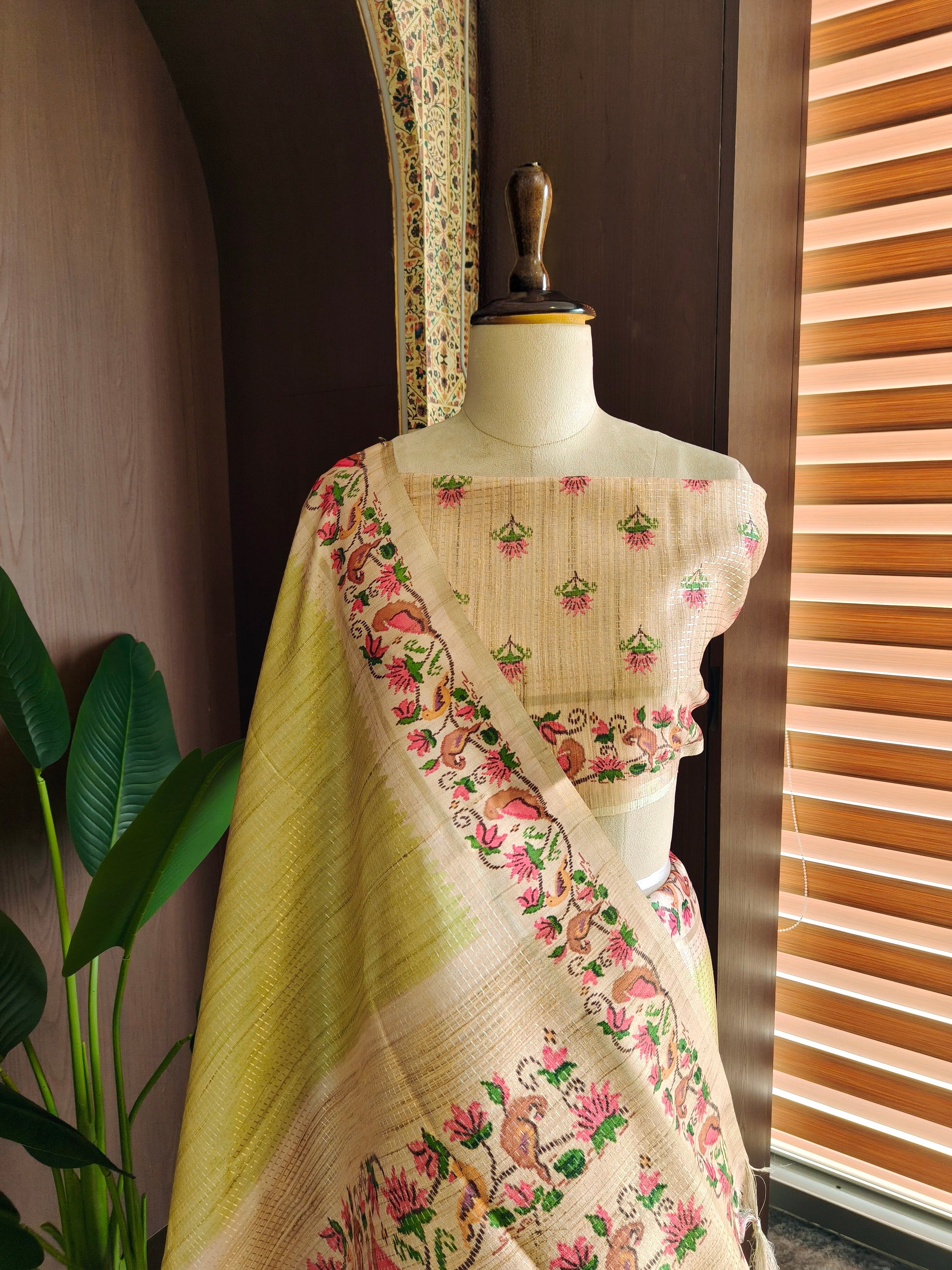 Olive Green Tussar Silk Saree