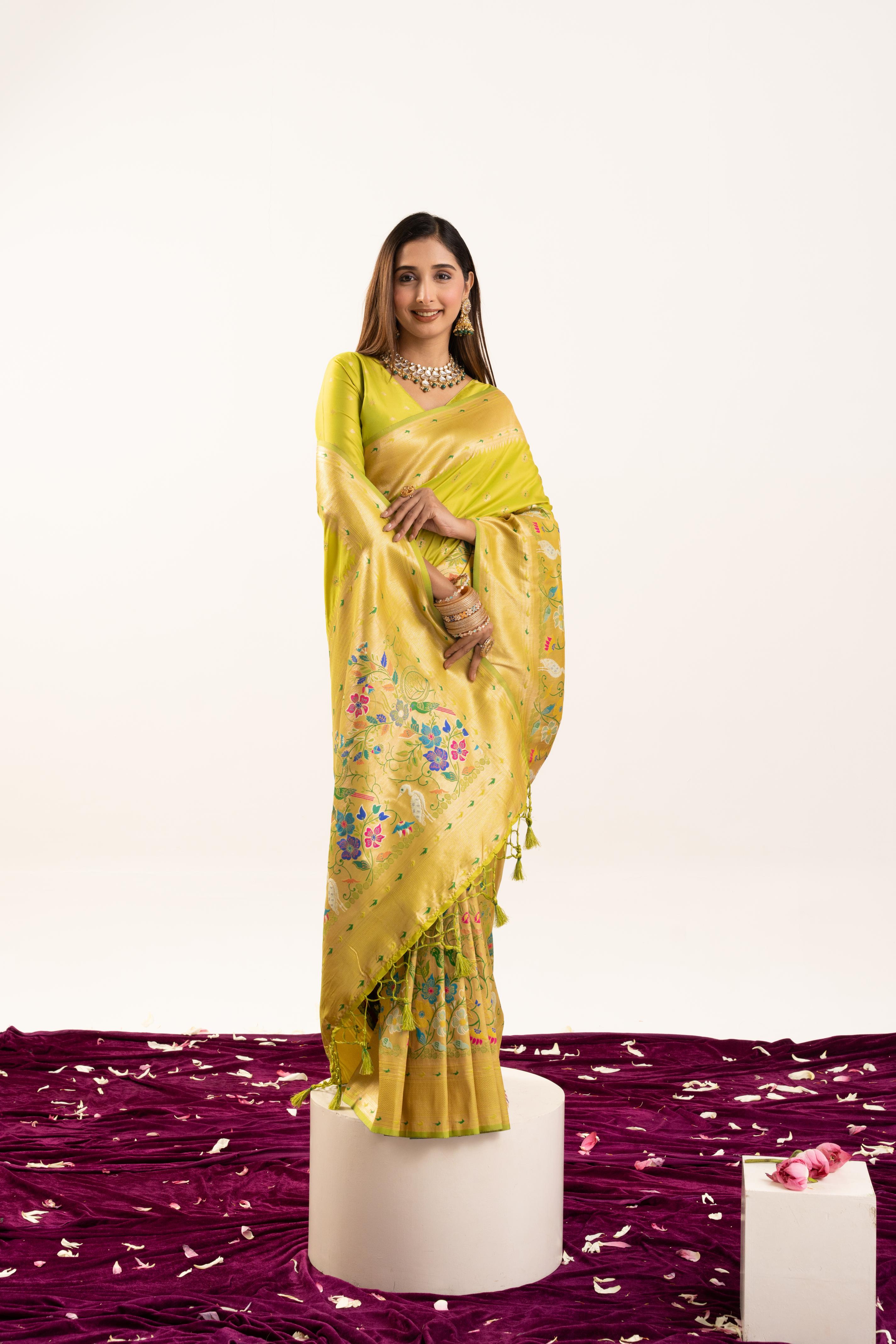 Olive Yellow Banarasi Silk Paithani Saree