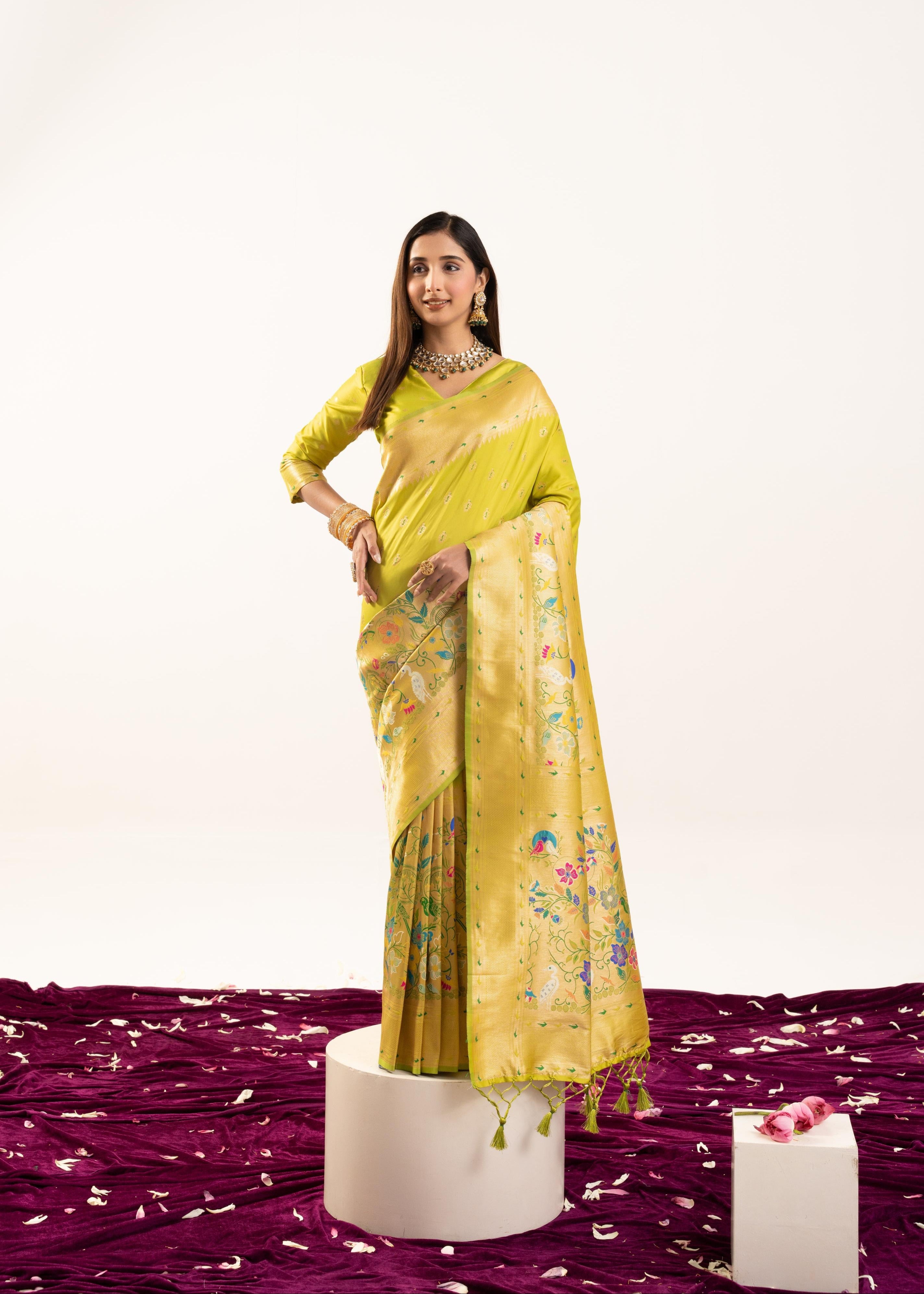 Olive Yellow Banarasi Silk Paithani Saree