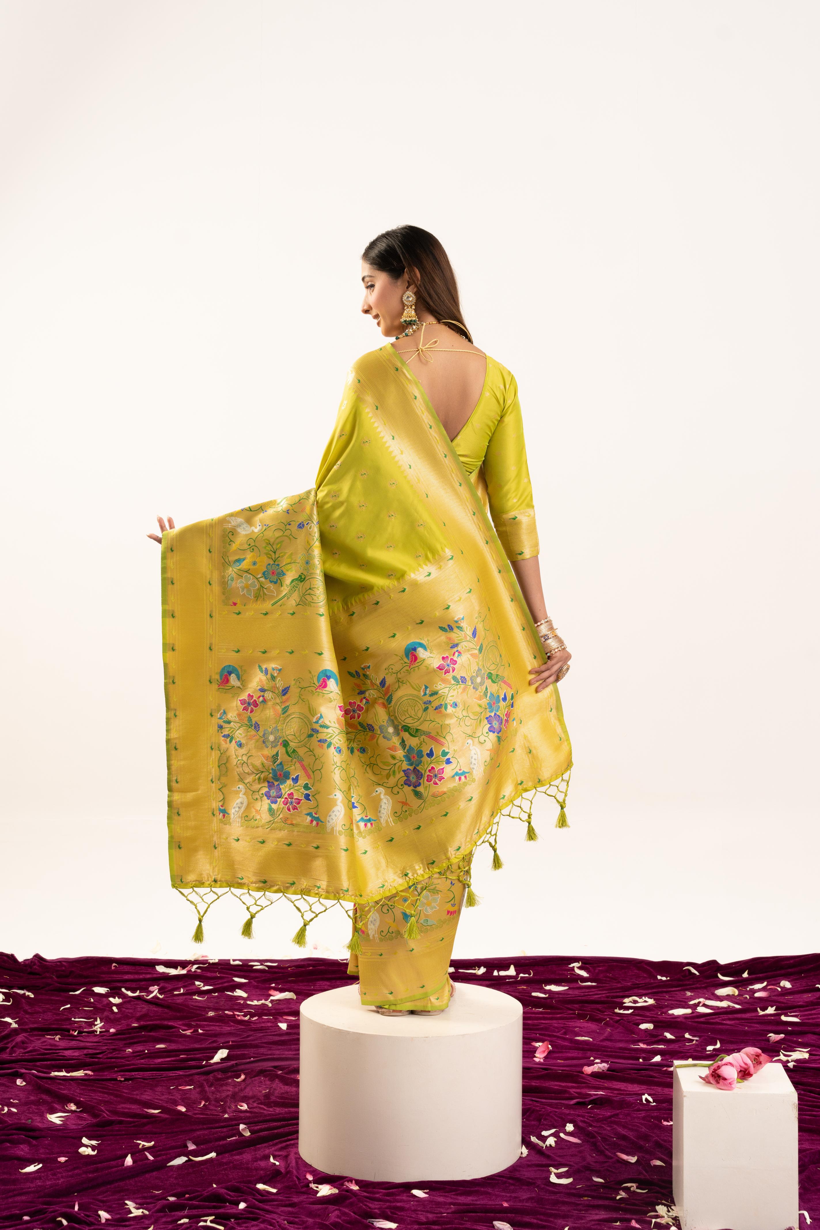 Olive Yellow Banarasi Silk Paithani Saree