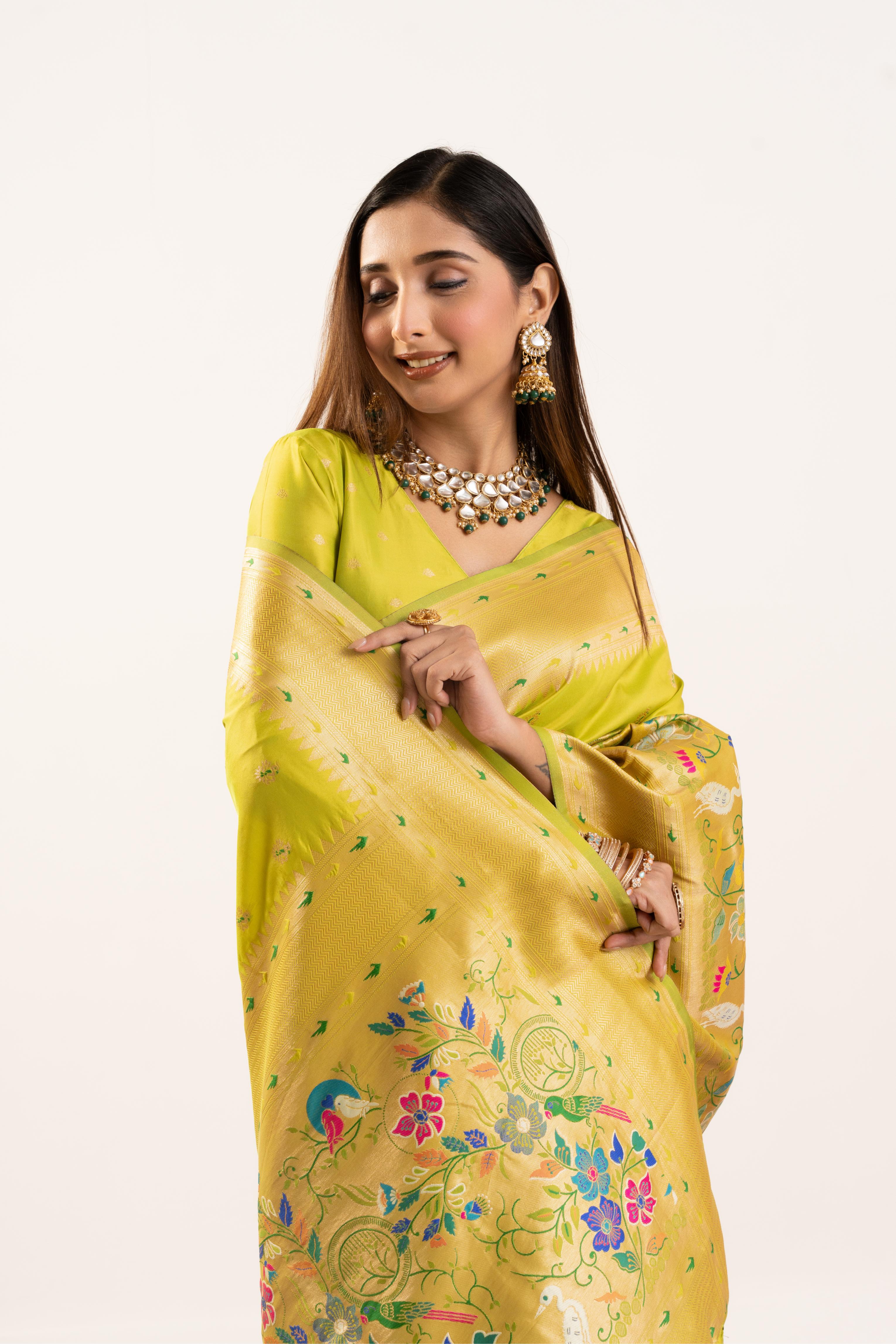 Olive Yellow Banarasi Silk Paithani Saree