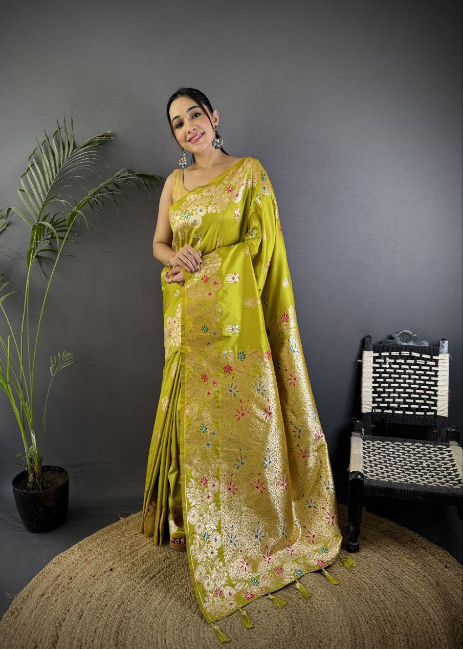Olive Yellow Soft Banarasi Silk Saree