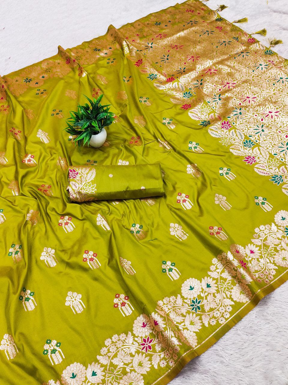 Olive Yellow Soft Banarasi Silk Saree