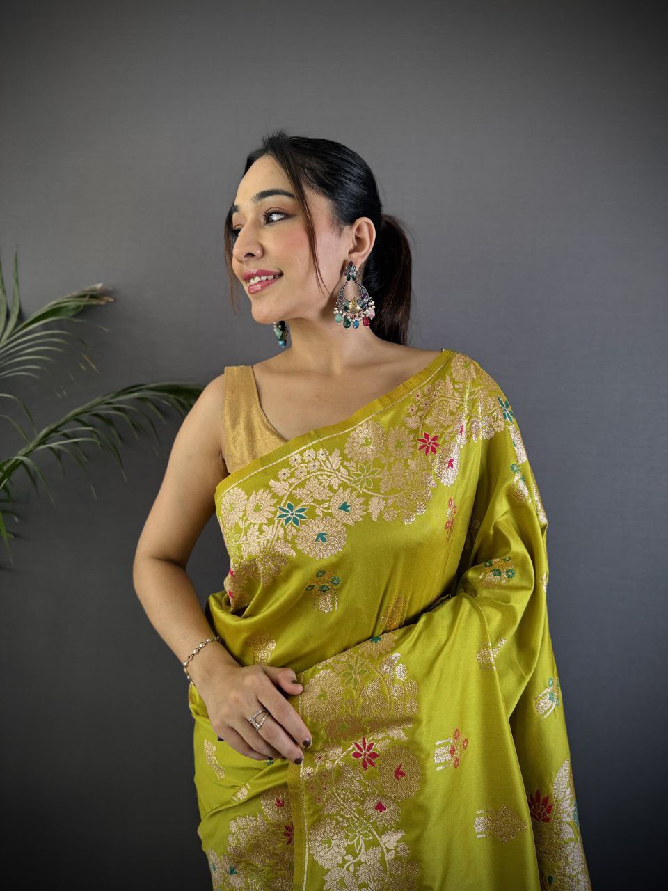 Olive Yellow Soft Banarasi Silk Saree