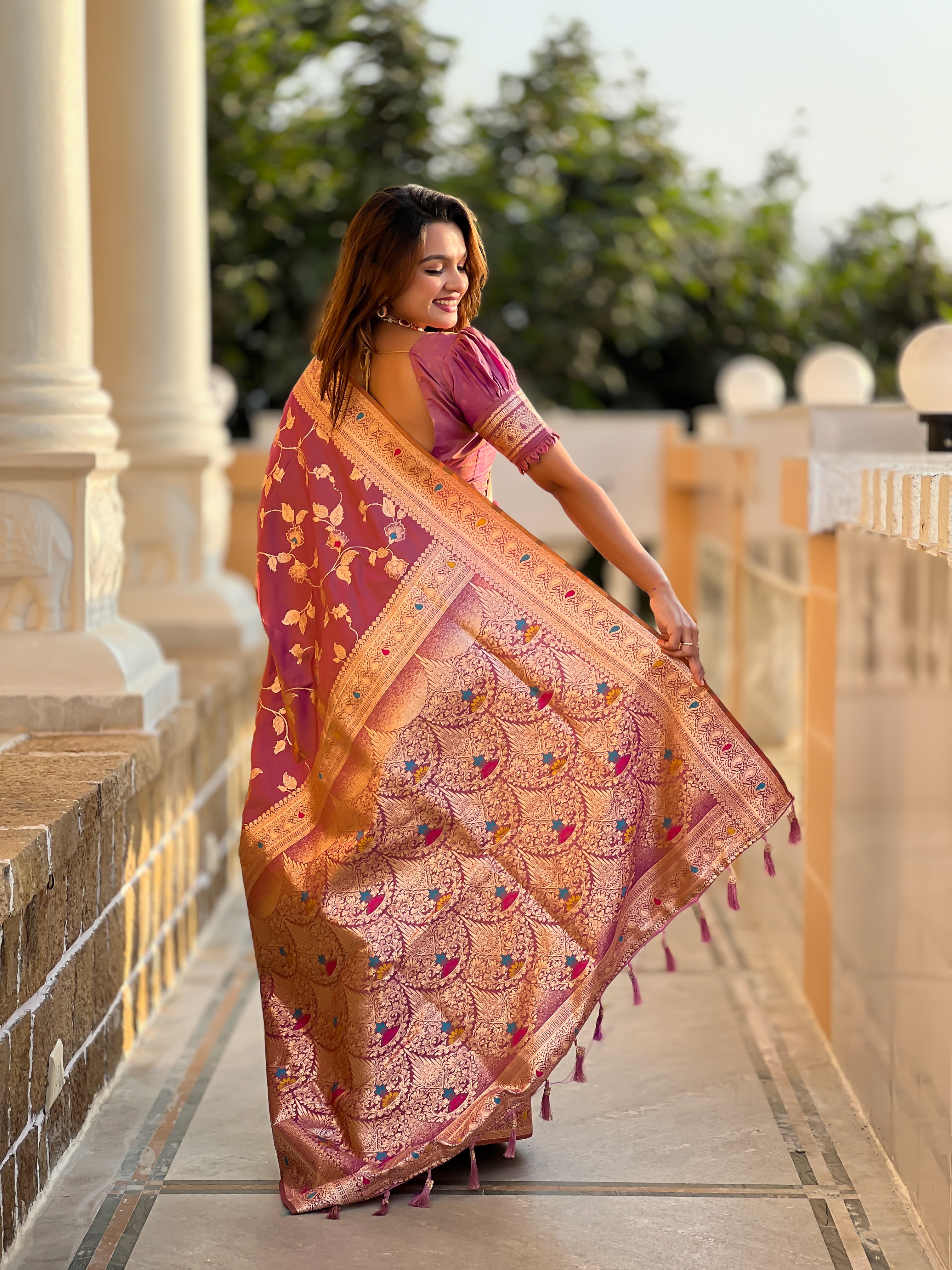 Onion Pink Wedding Wear Soft Banarasi Silk Saree
