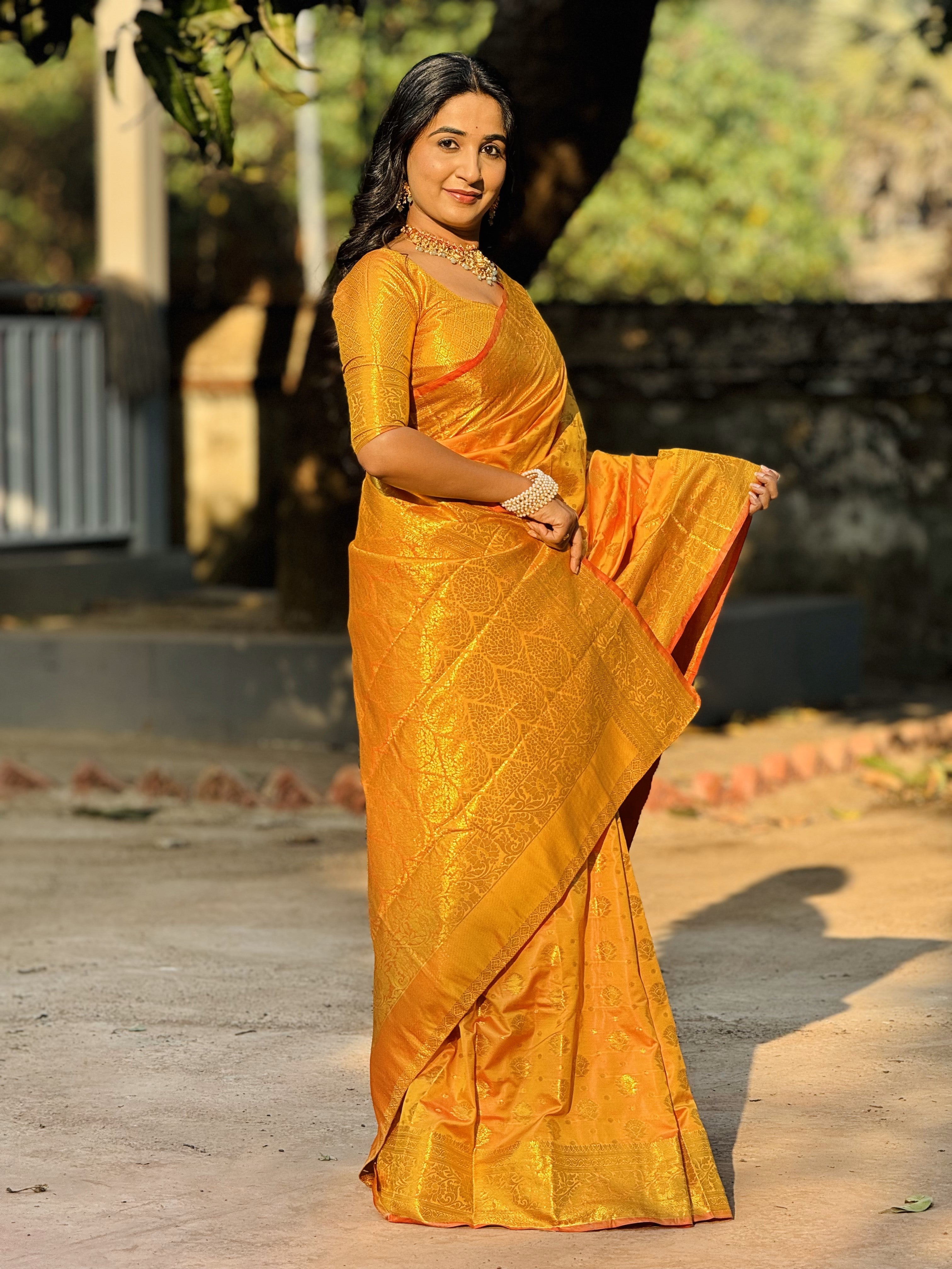 Orange Banarasi Soft Silk Saree