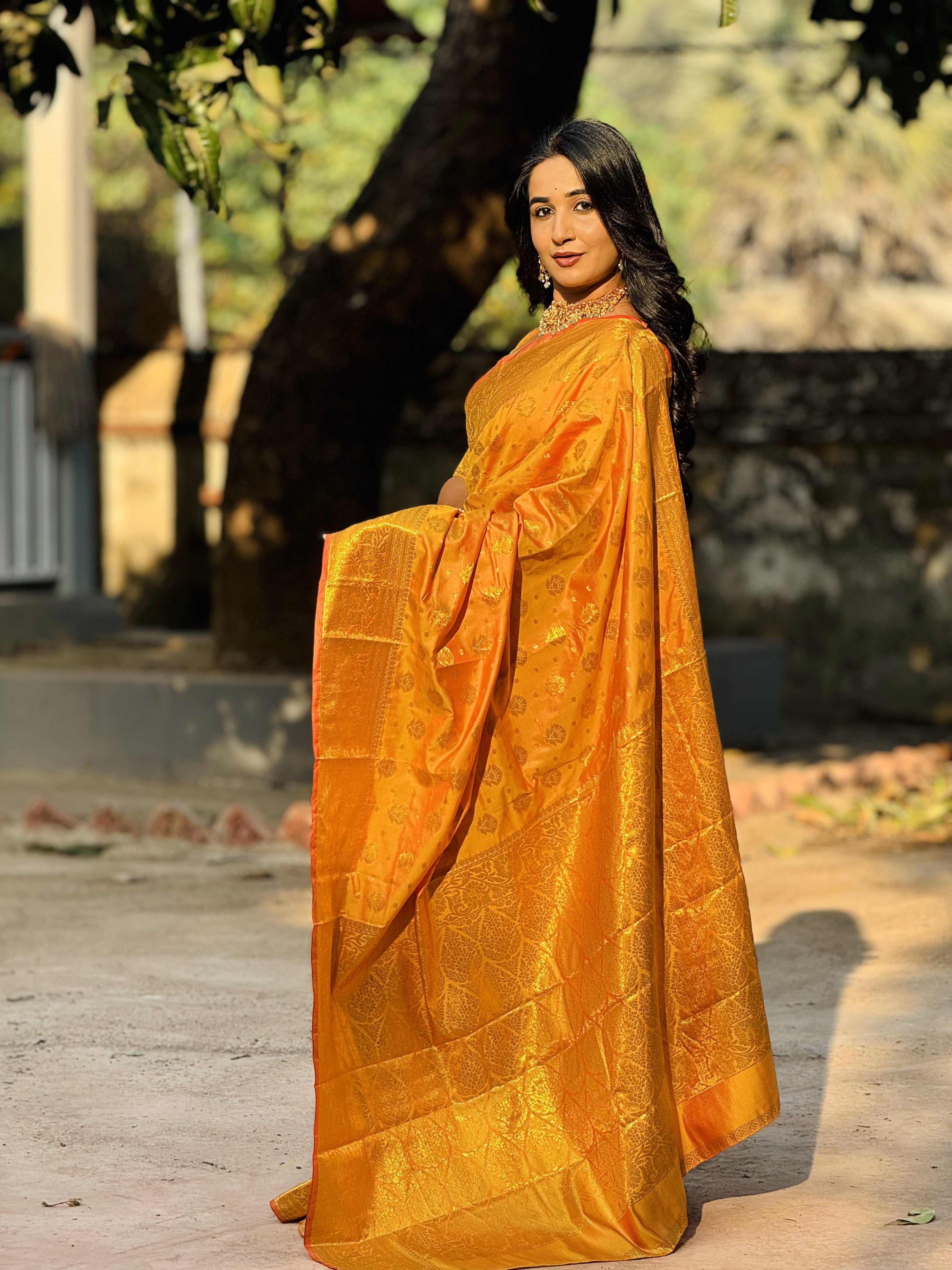 Orange Banarasi Soft Silk Saree