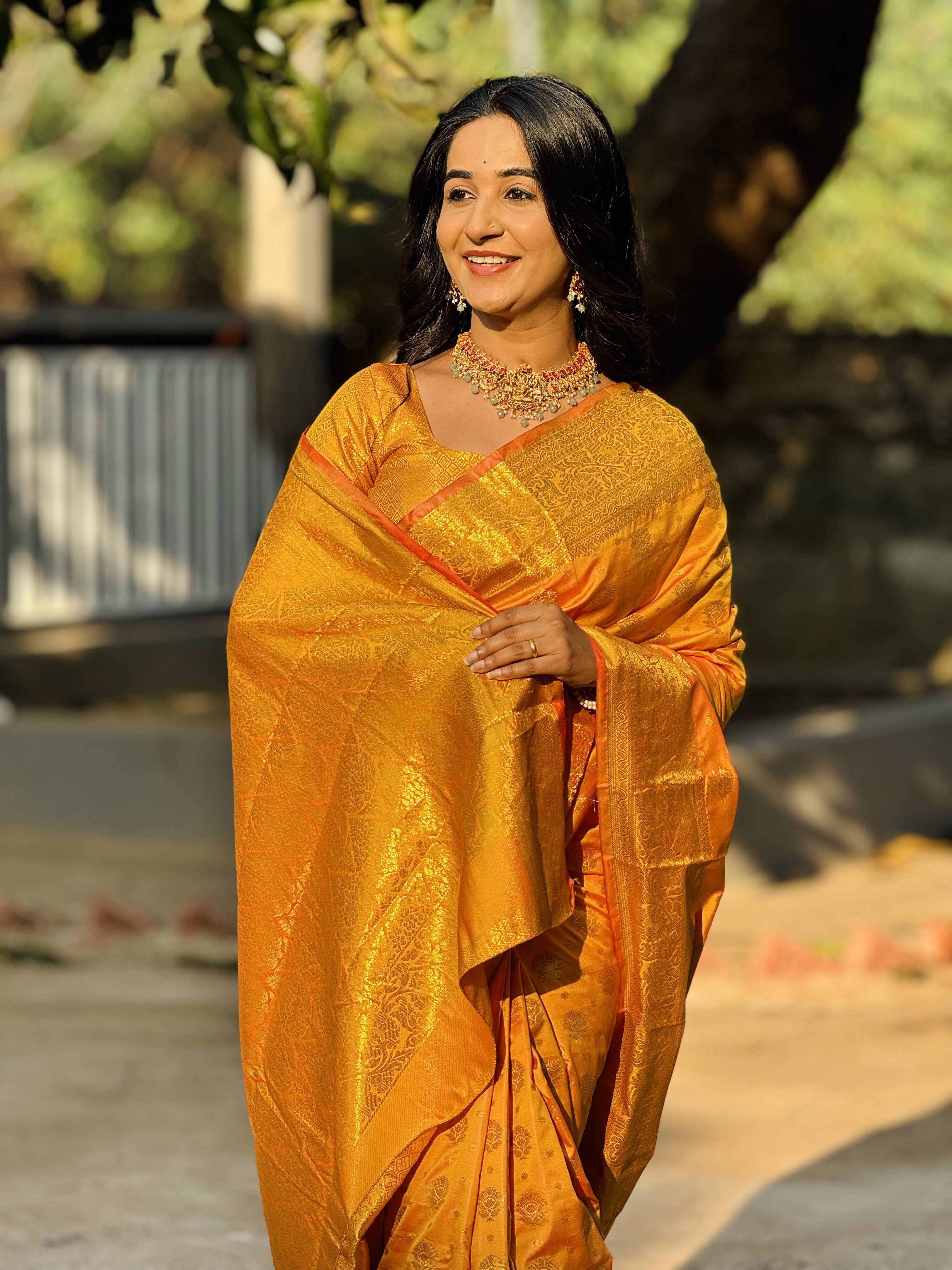 Orange Banarasi Soft Silk Saree