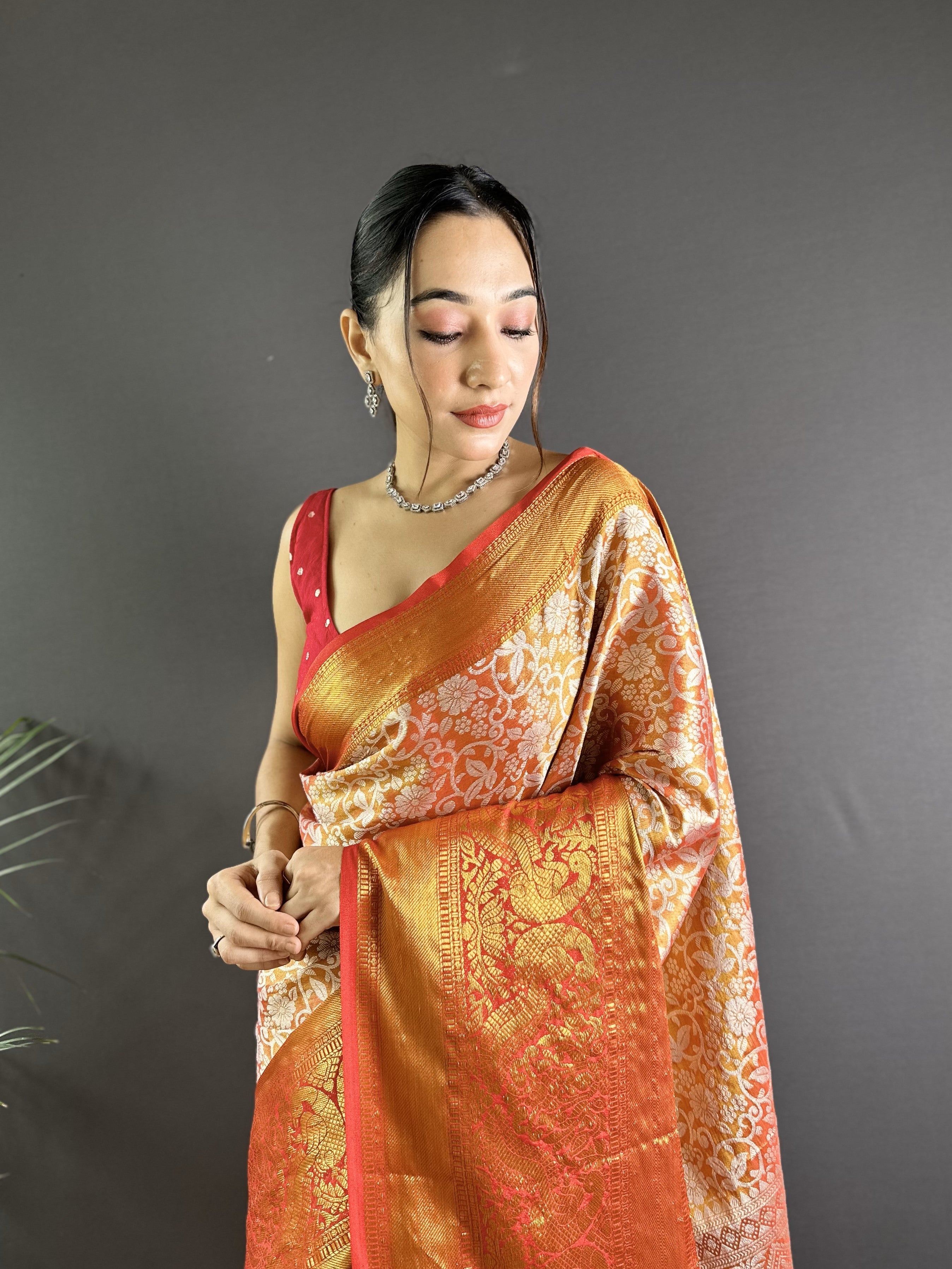 Orange Kanjivaram Tissue Silk Saree