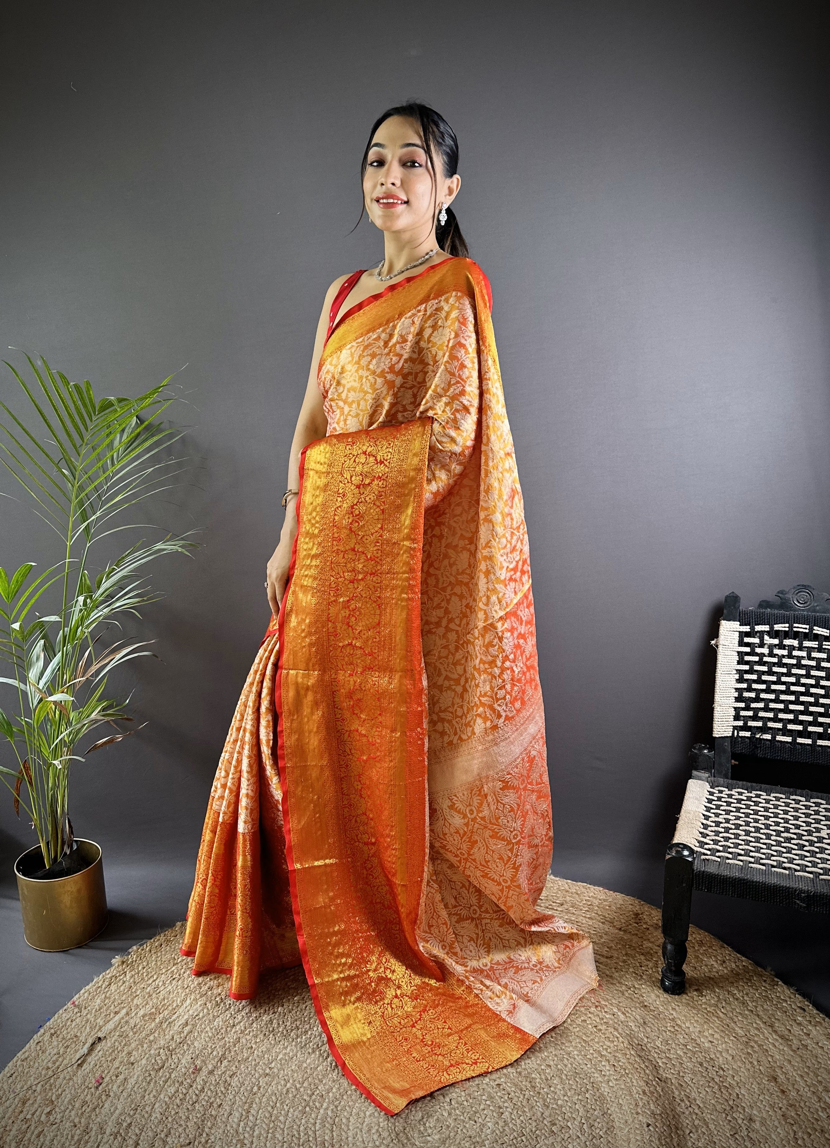 Orange Kanjivaram Tissue Silk Saree