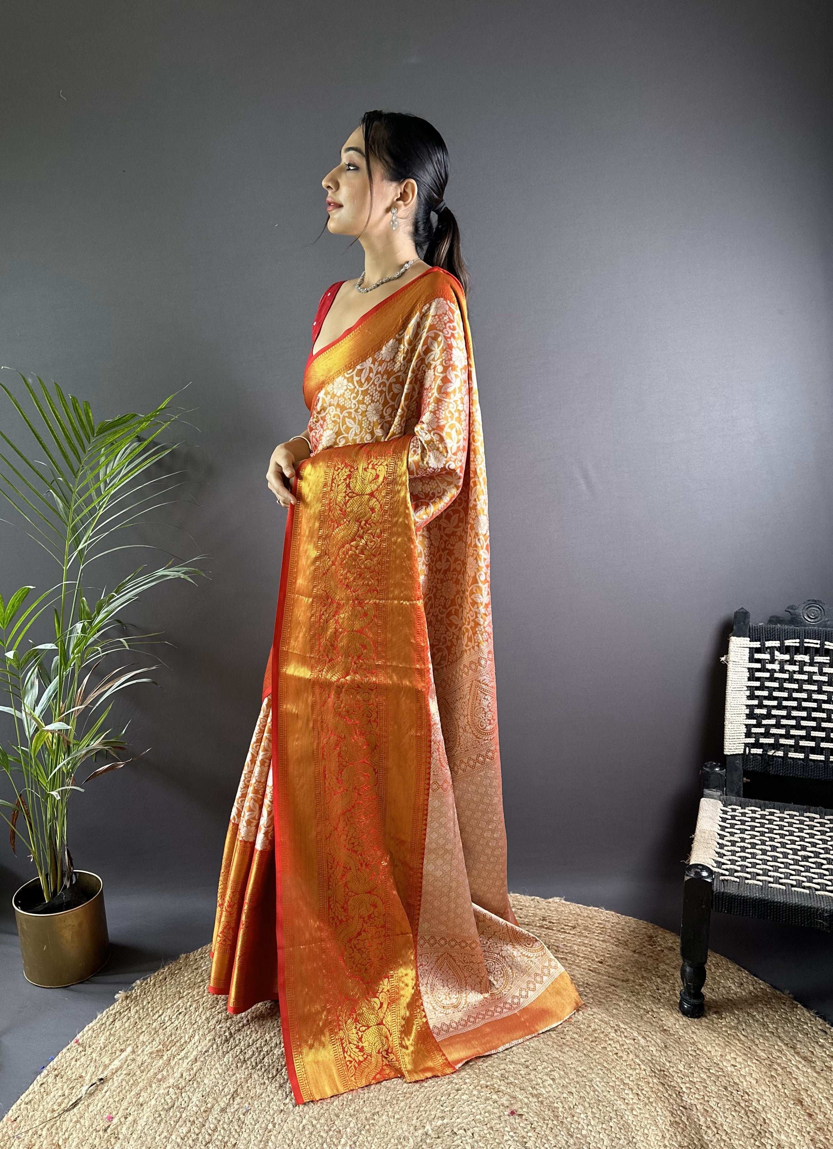 Orange Kanjivaram Tissue Silk Saree