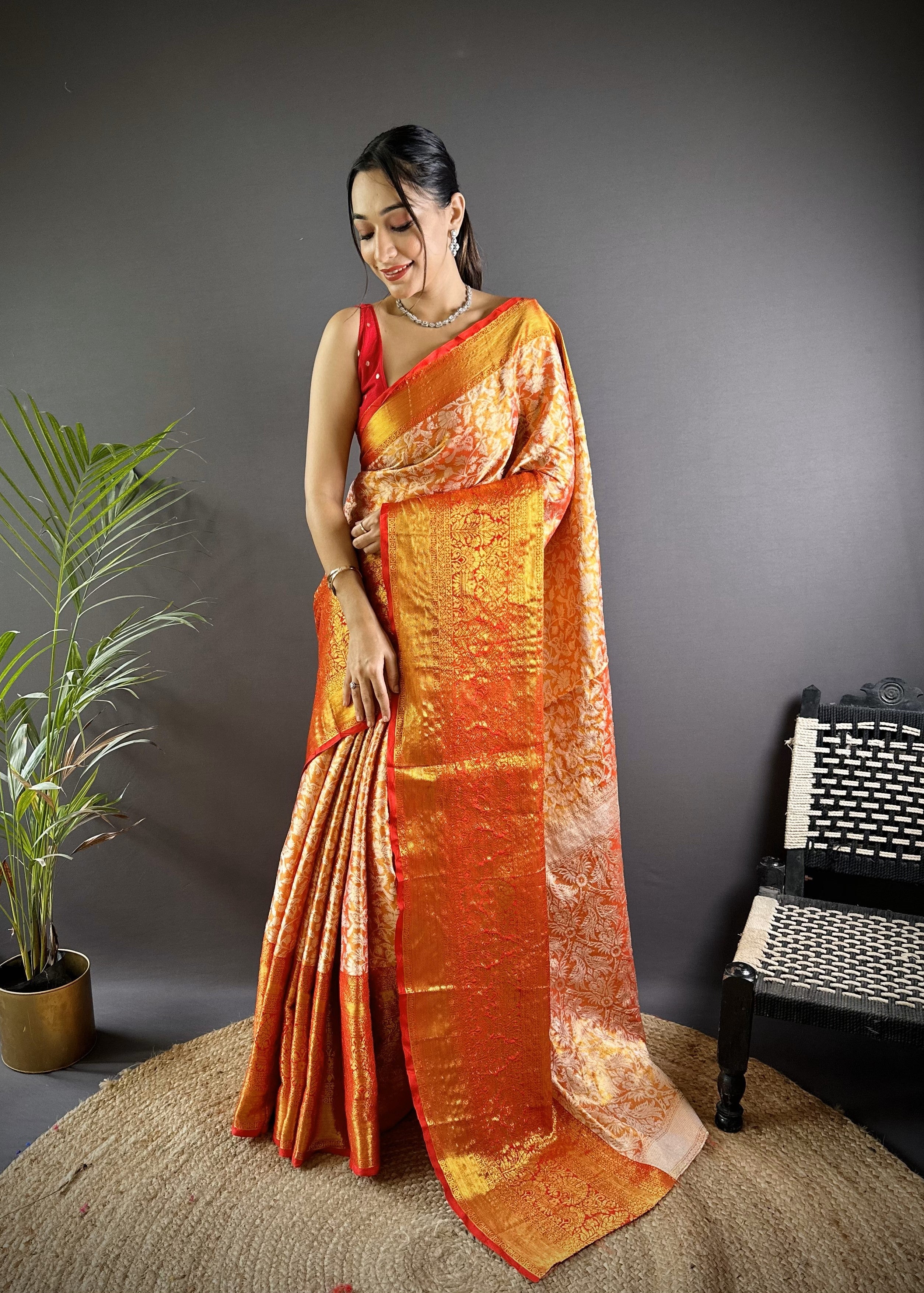 Orange Kanjivaram Tissue Silk Saree