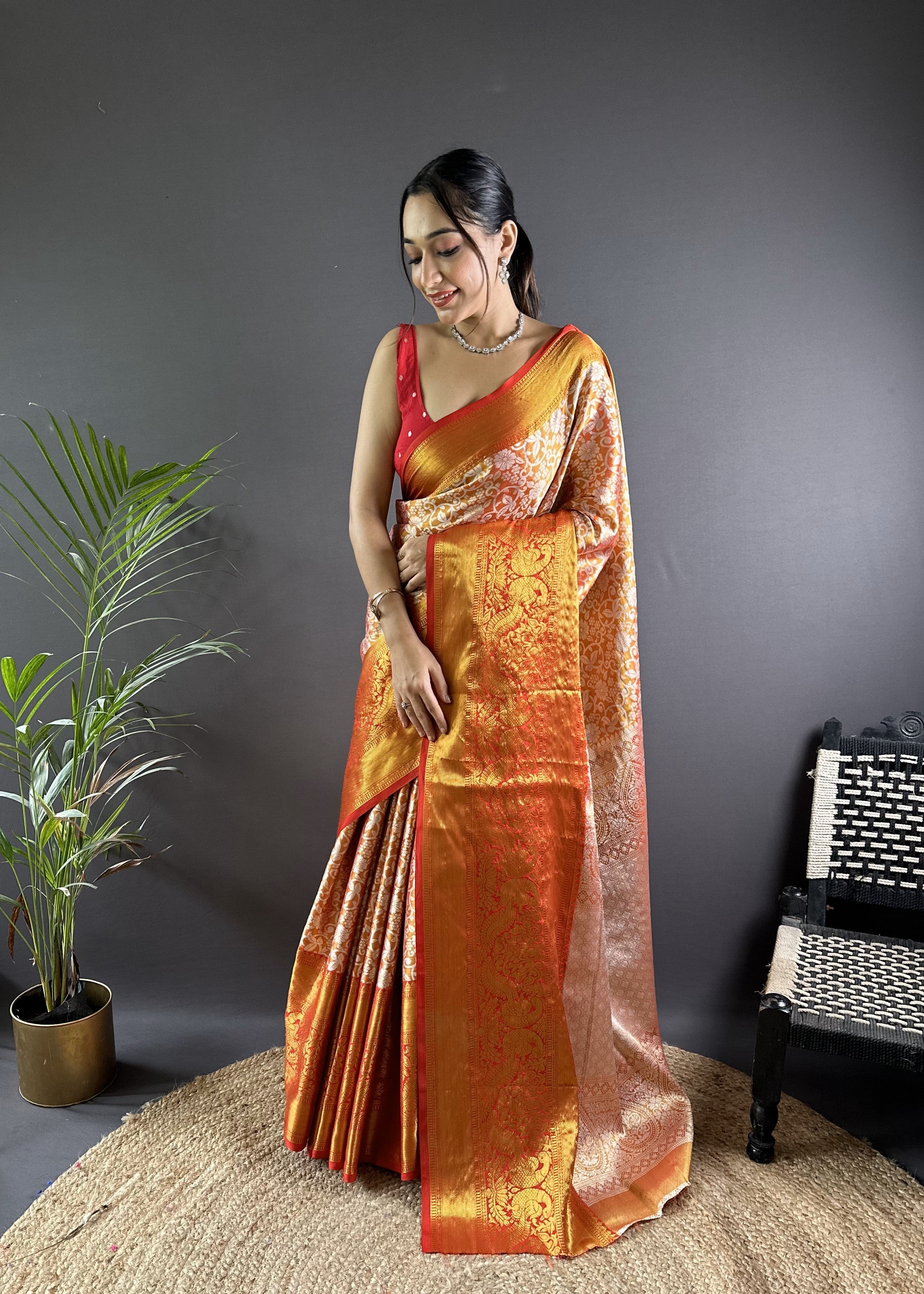 Orange Kanjivaram Tissue Silk Saree