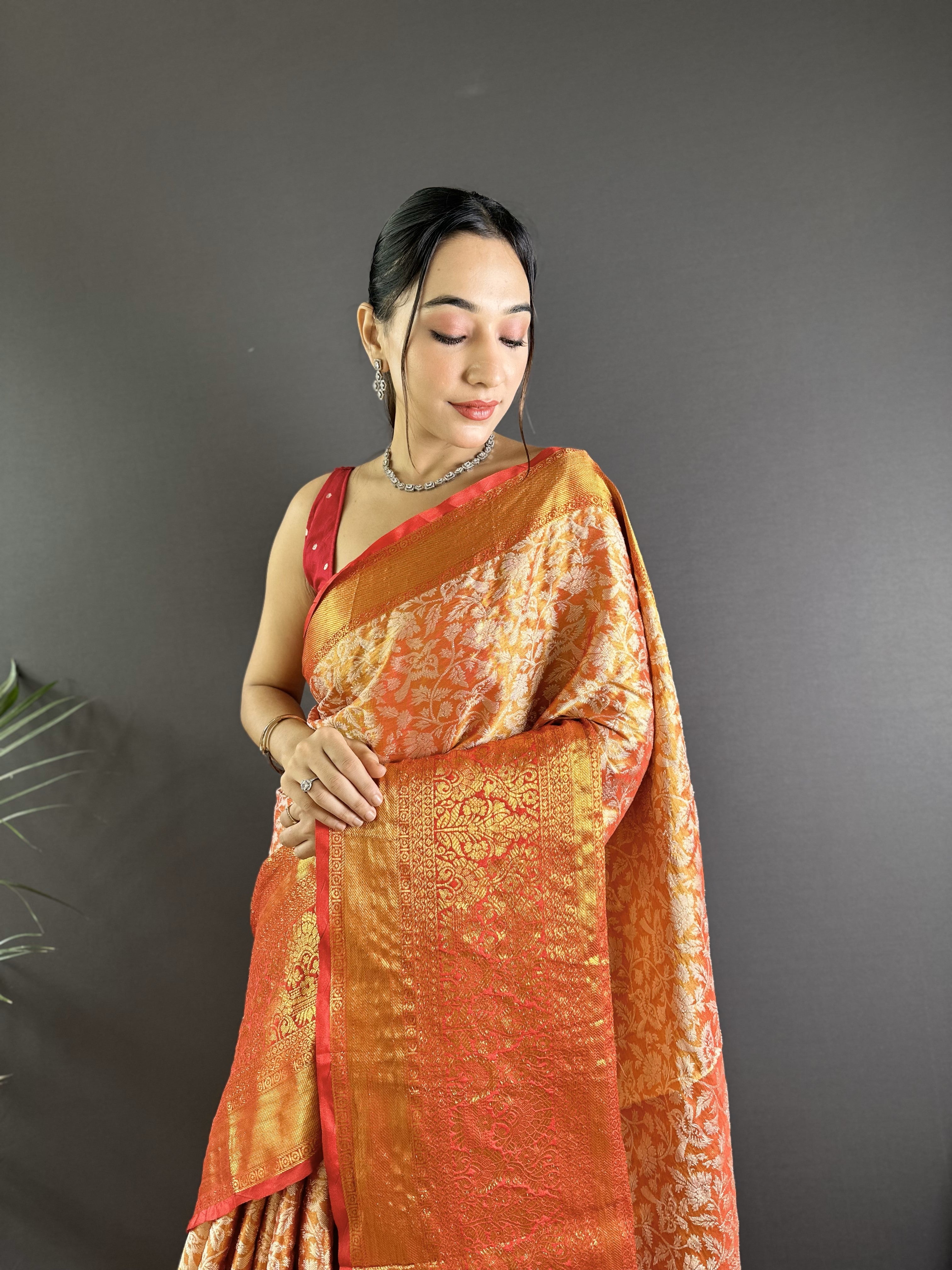 Orange Kanjivaram Tissue Silk Saree