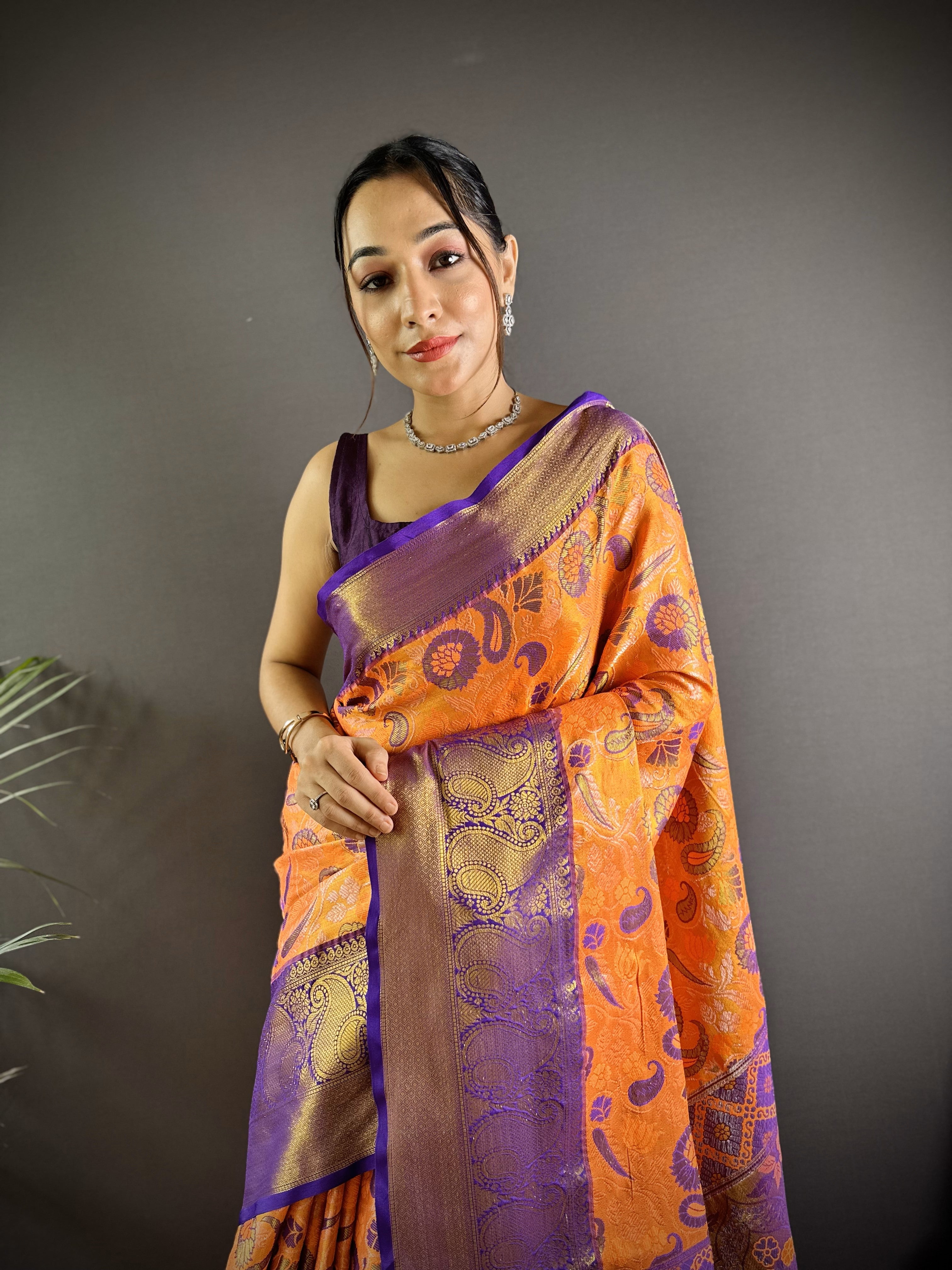 Orange Kanjivaram Tissue Silk Saree