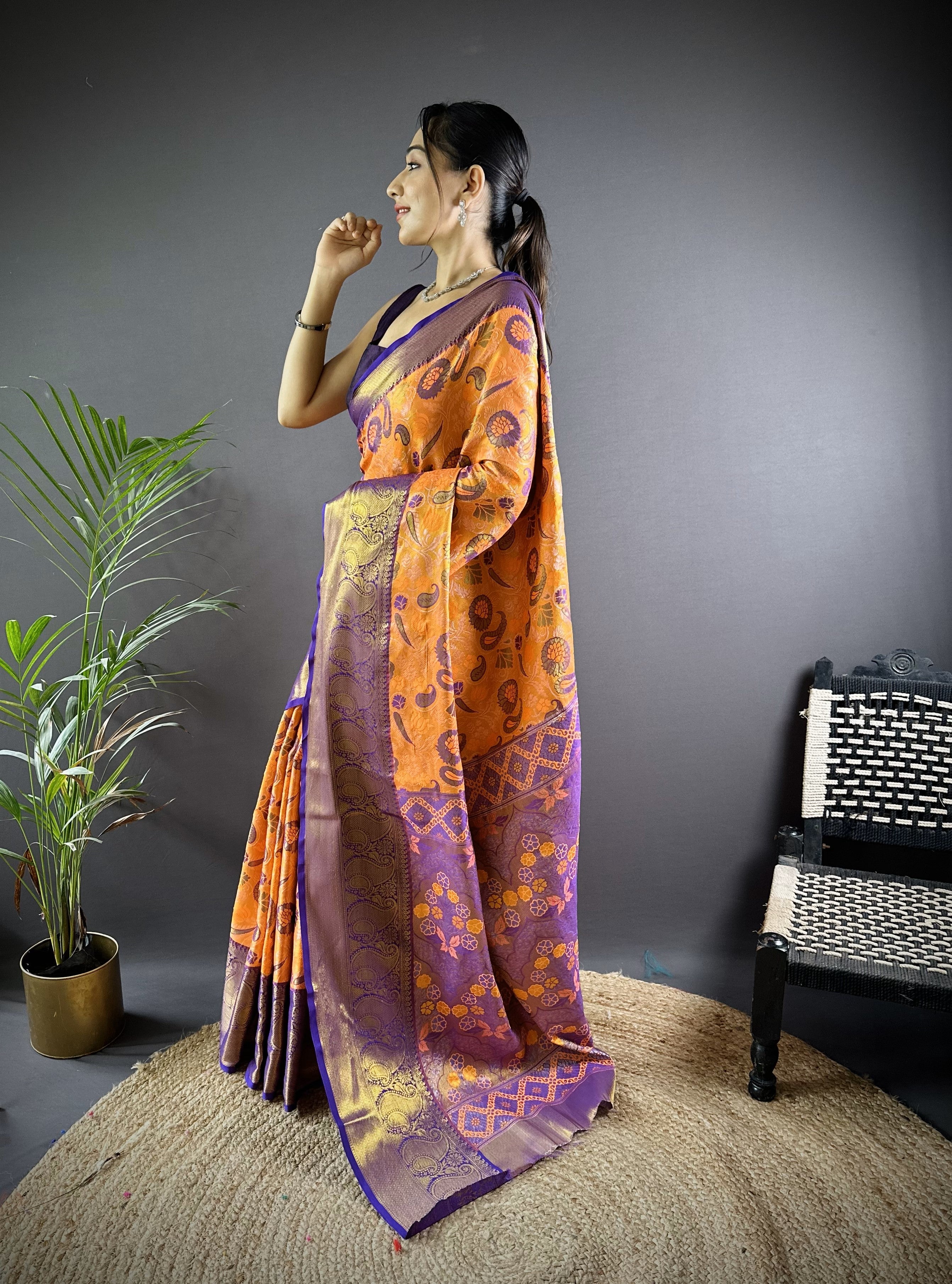Orange Kanjivaram Tissue Silk Saree