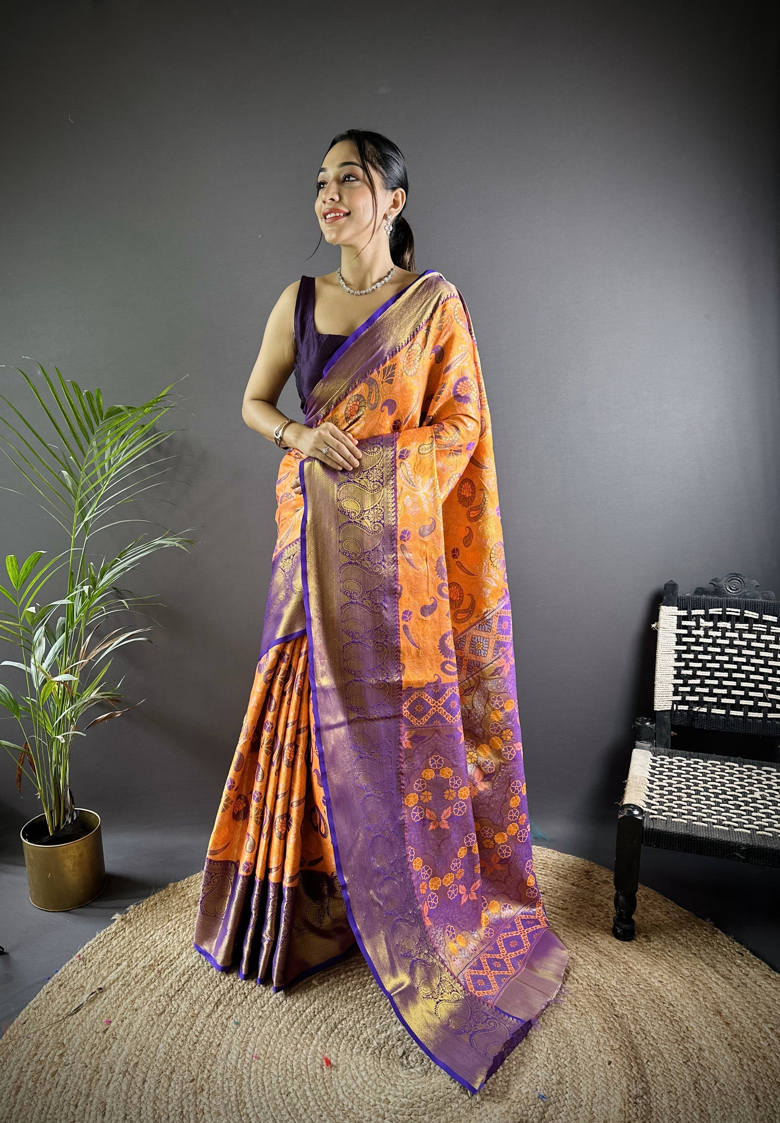 Orange Kanjivaram Tissue Silk Saree