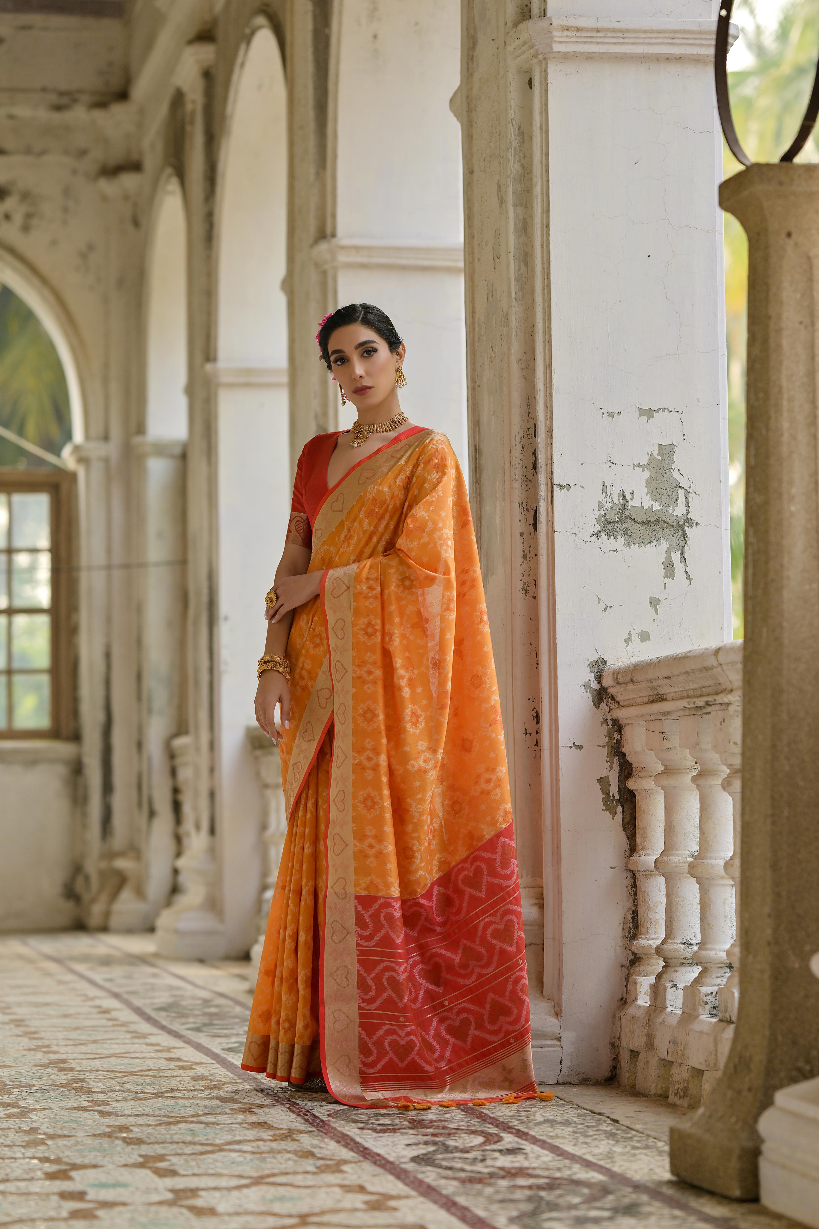 Orange Pochampali Ikkat Raw Silk Saree