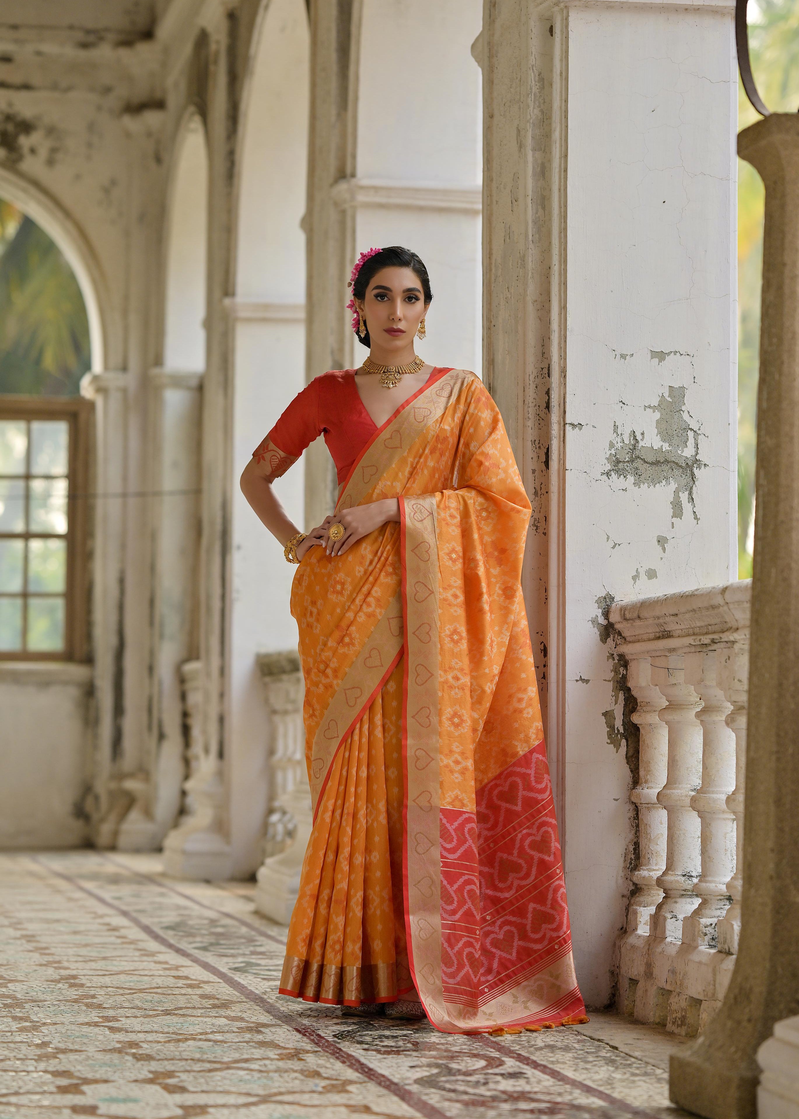 Orange Pochampali Ikkat Raw Silk Saree