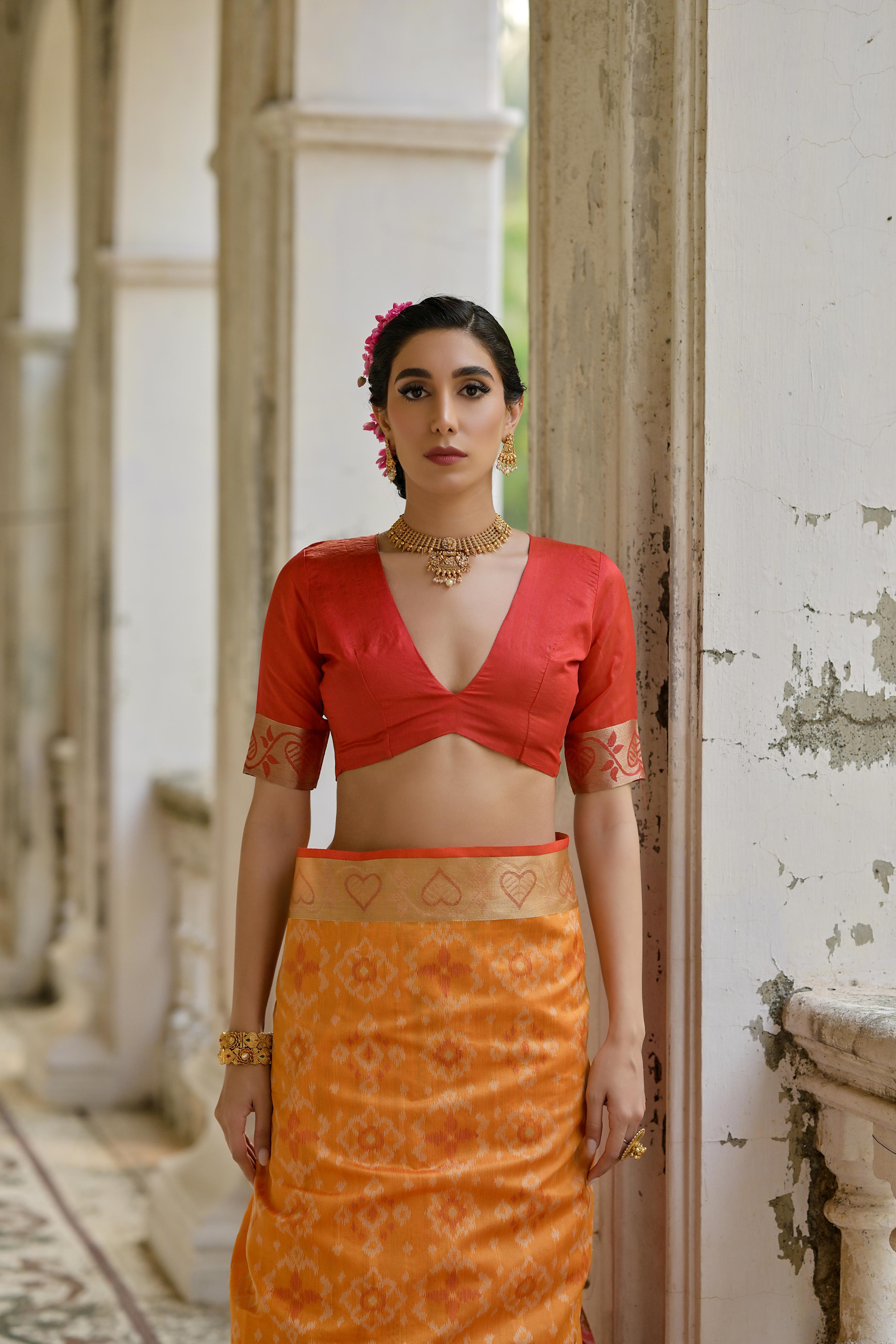 Orange Pochampali Ikkat Raw Silk Saree