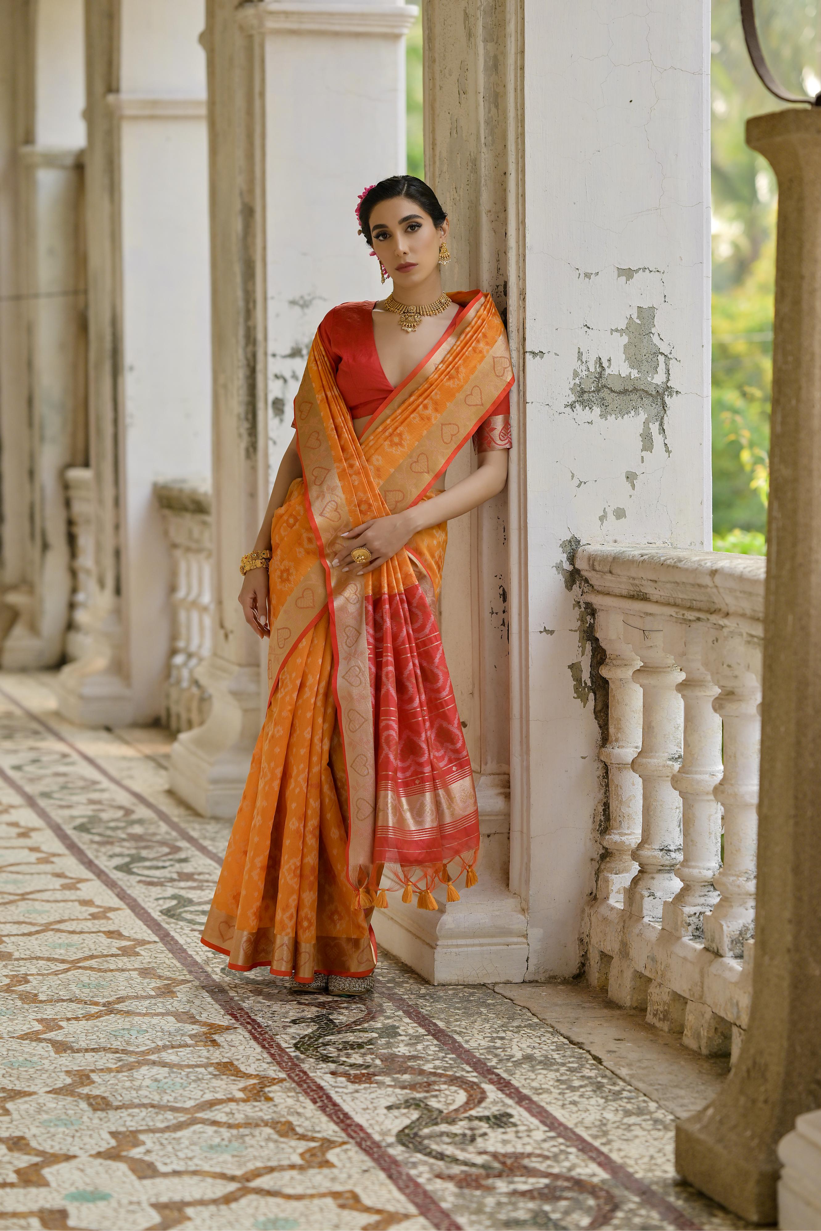 Orange Pochampali Ikkat Raw Silk Saree