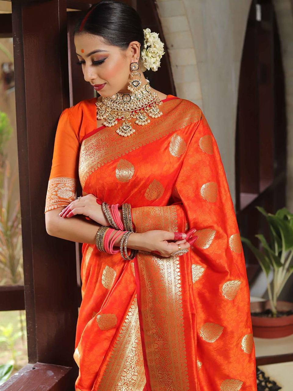 Orange Traditional Lichi Silk Saree