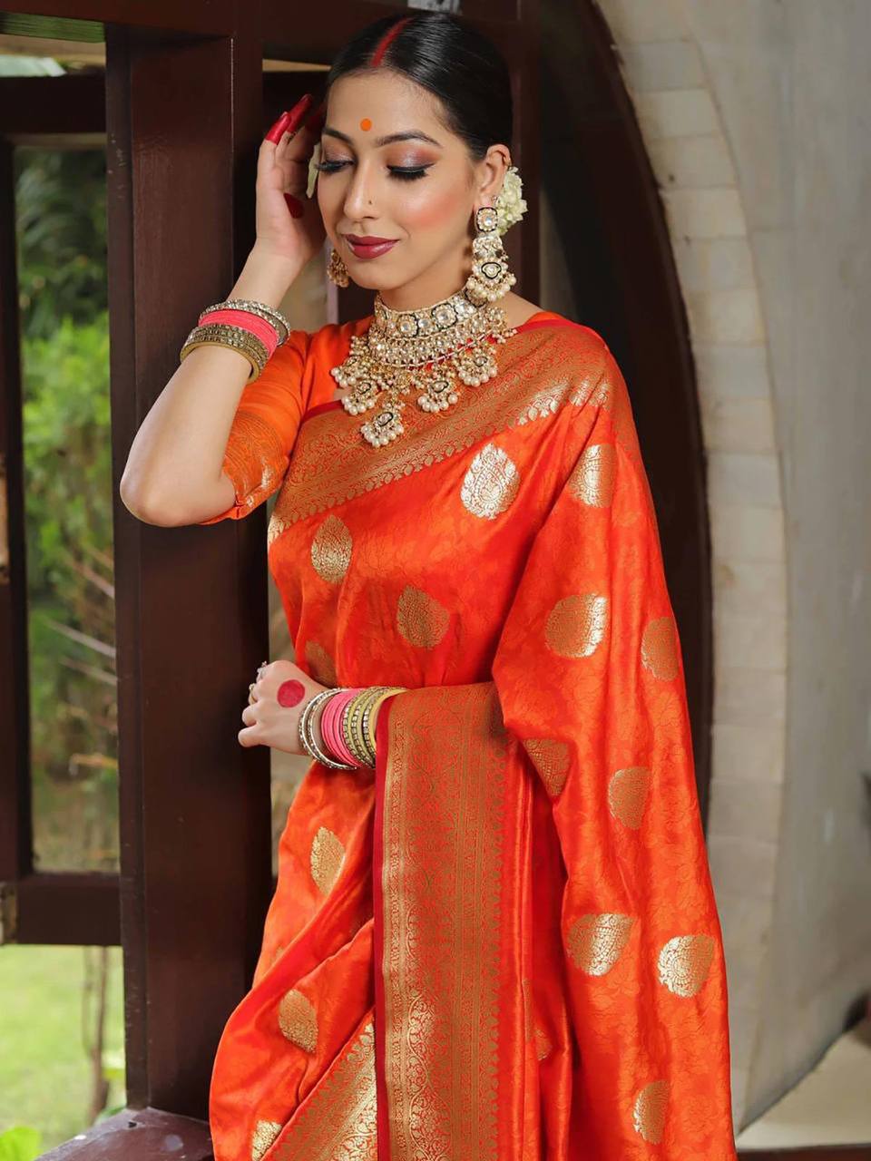 Orange Traditional Lichi Silk Saree