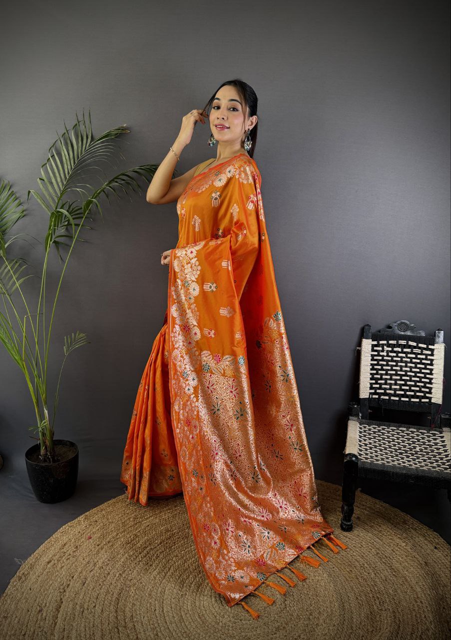 Orange Wedding Wear Soft Banarasi Silk Saree