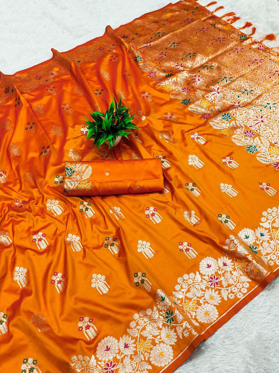 Orange Wedding Wear Soft Banarasi Silk Saree