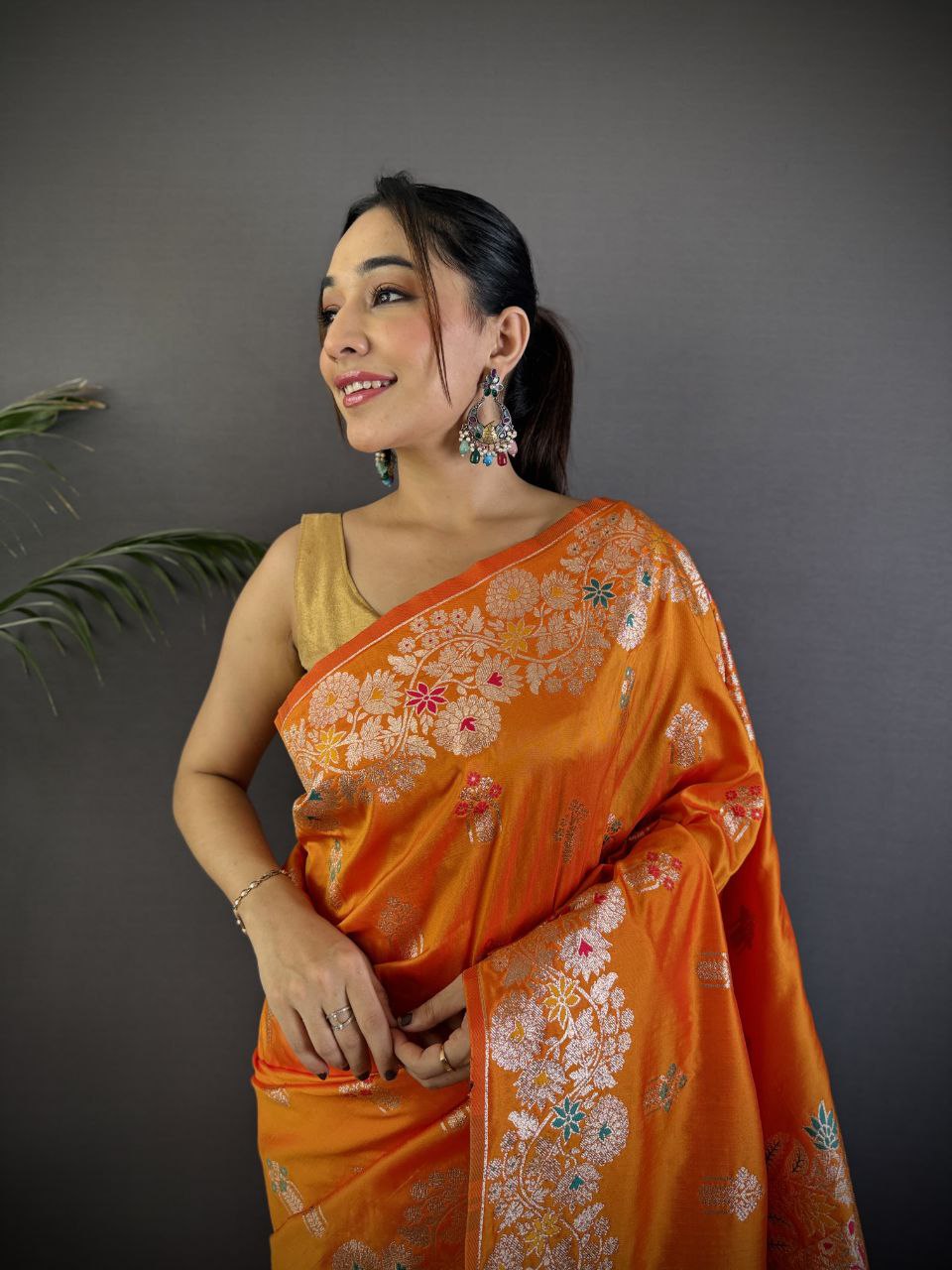 Orange Wedding Wear Soft Banarasi Silk Saree