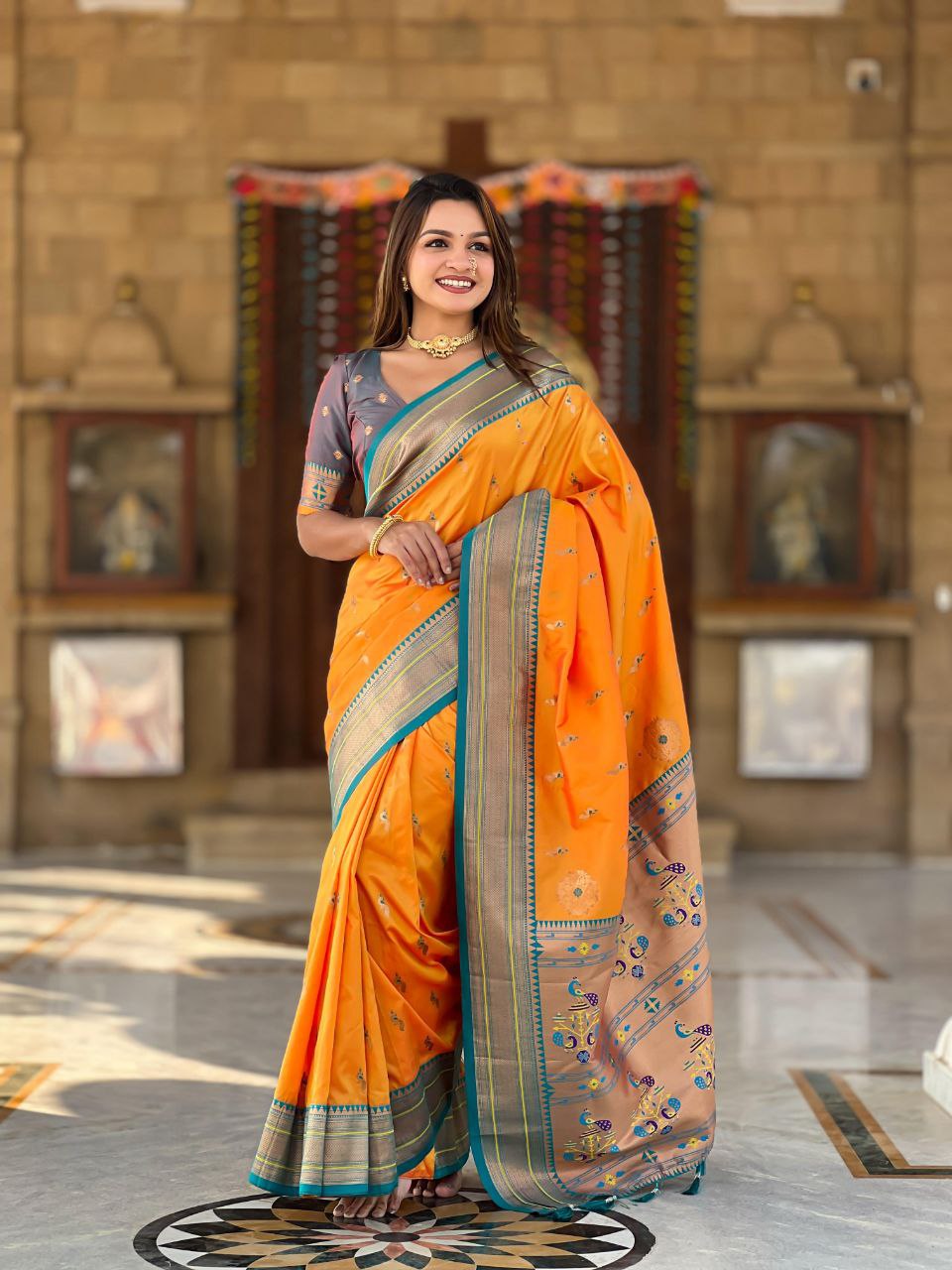Orange Wedding Wear Soft Paithani Silk Saree