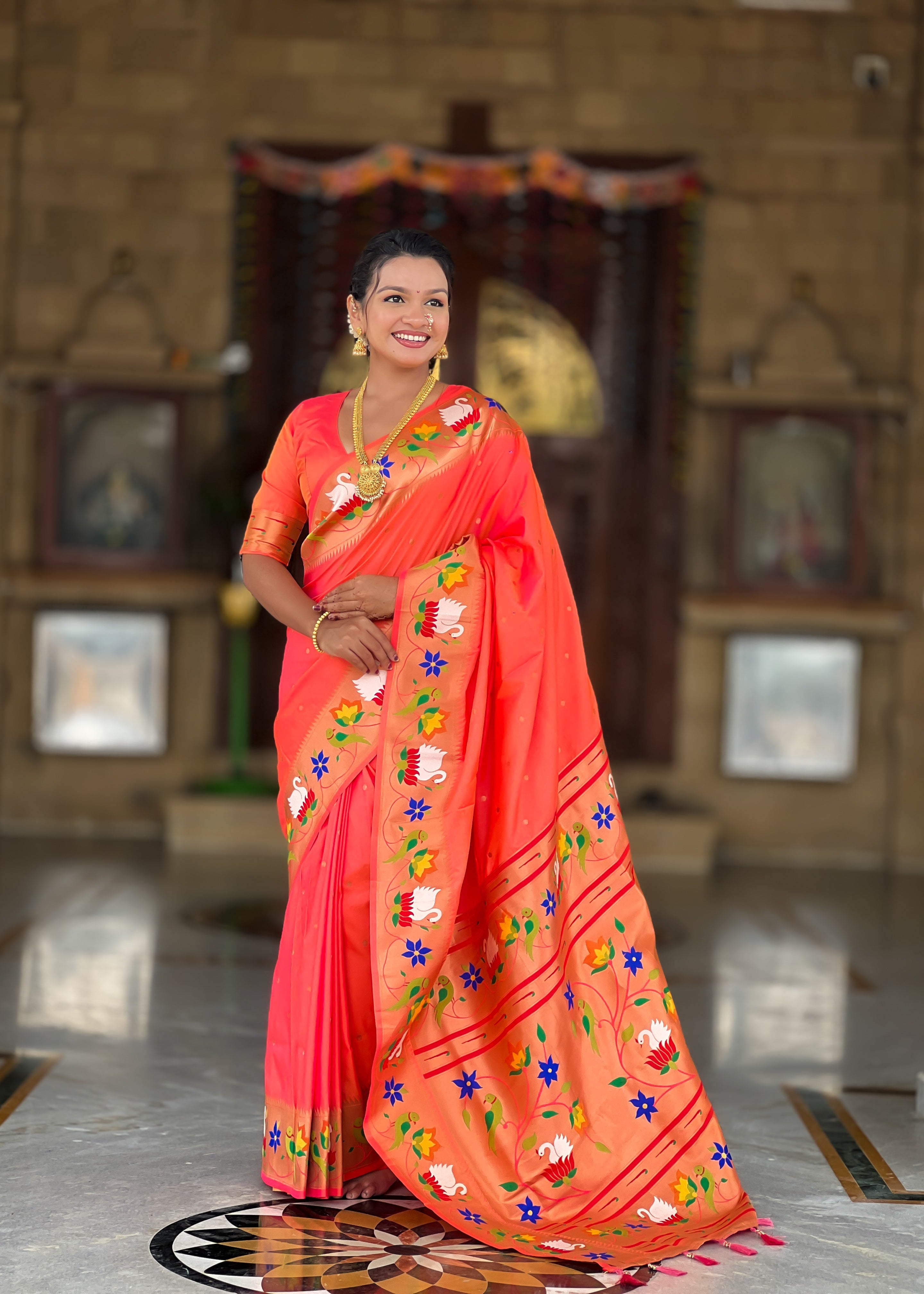Orange Wedding Wear Soft Paithani Silk Saree