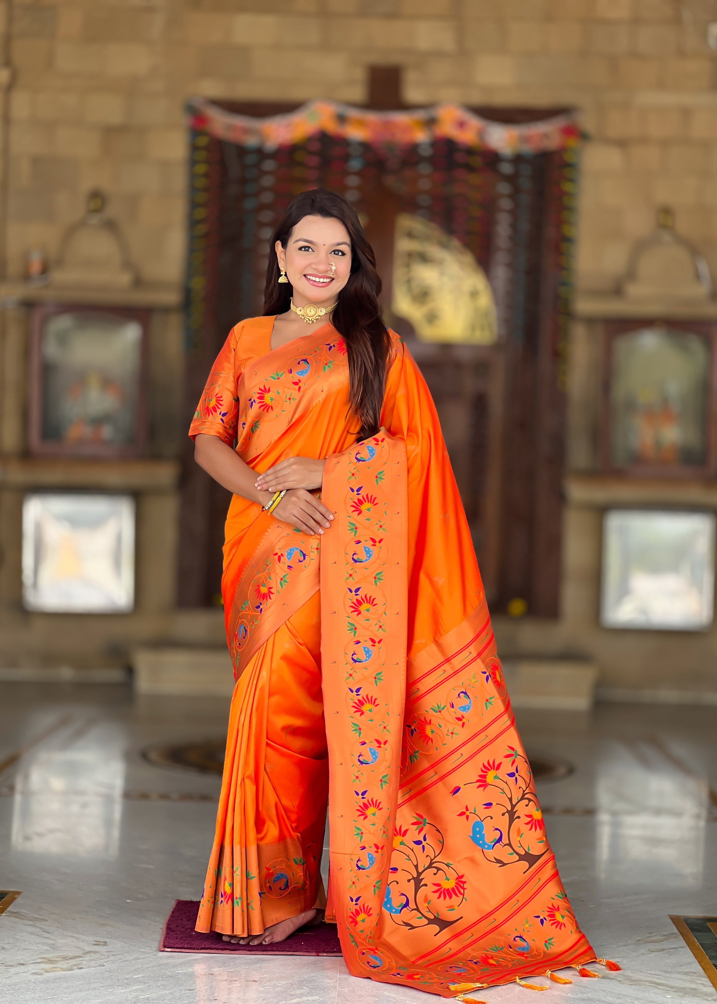 Orange Wedding Wear Soft Paithani Silk Saree