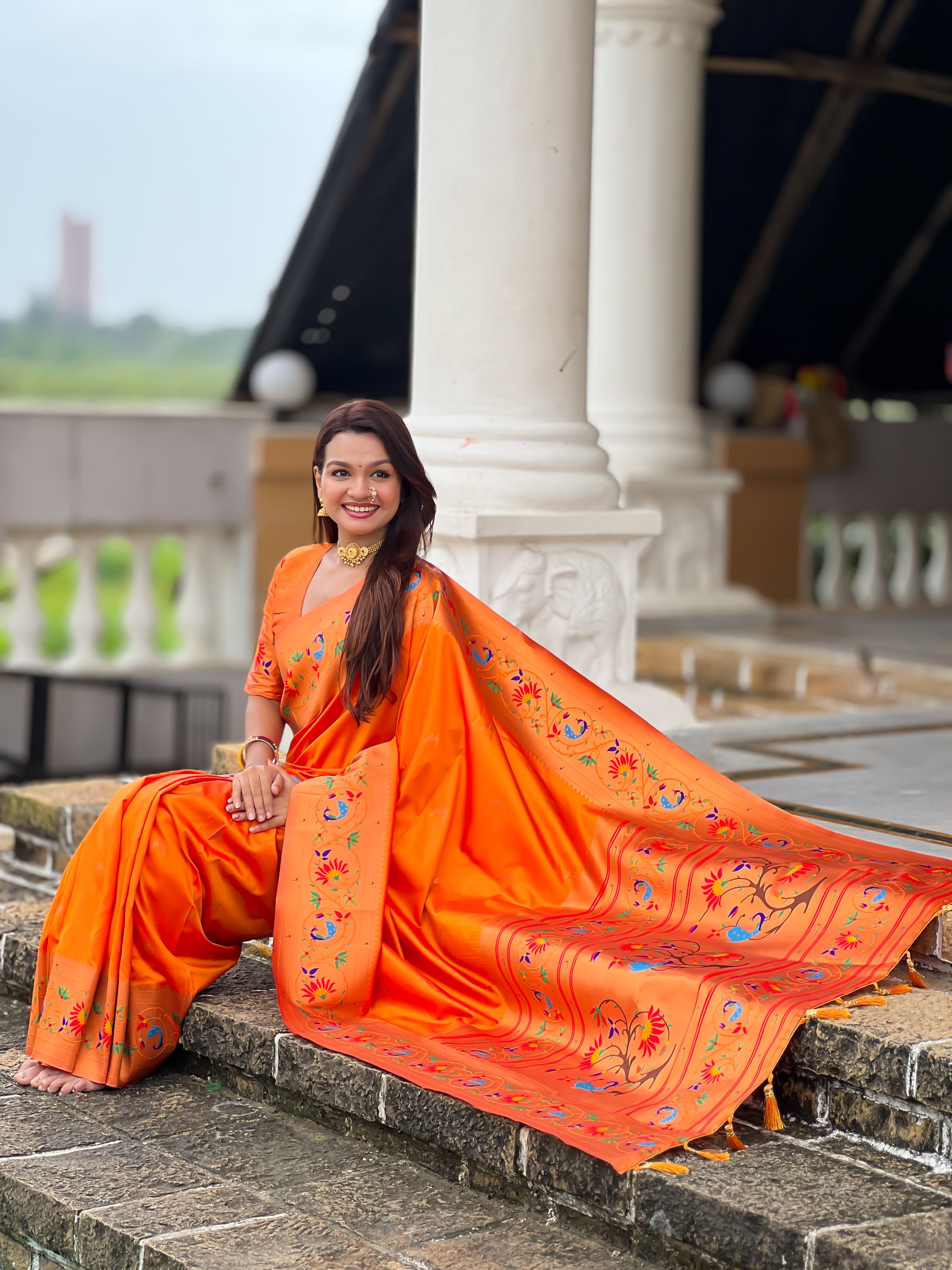 Orange Wedding Wear Soft Paithani Silk Saree